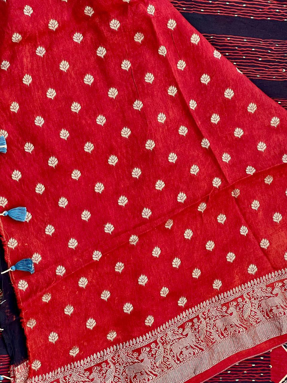 Red - Designer Ajrakh Handblock Premium Dola Silk Saree - Vasaka Jaipur