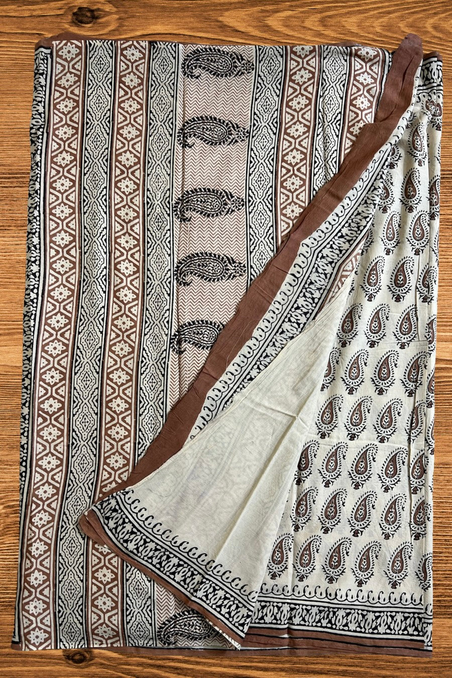 Beige Paisely Hand Block Printed Cotton Saree