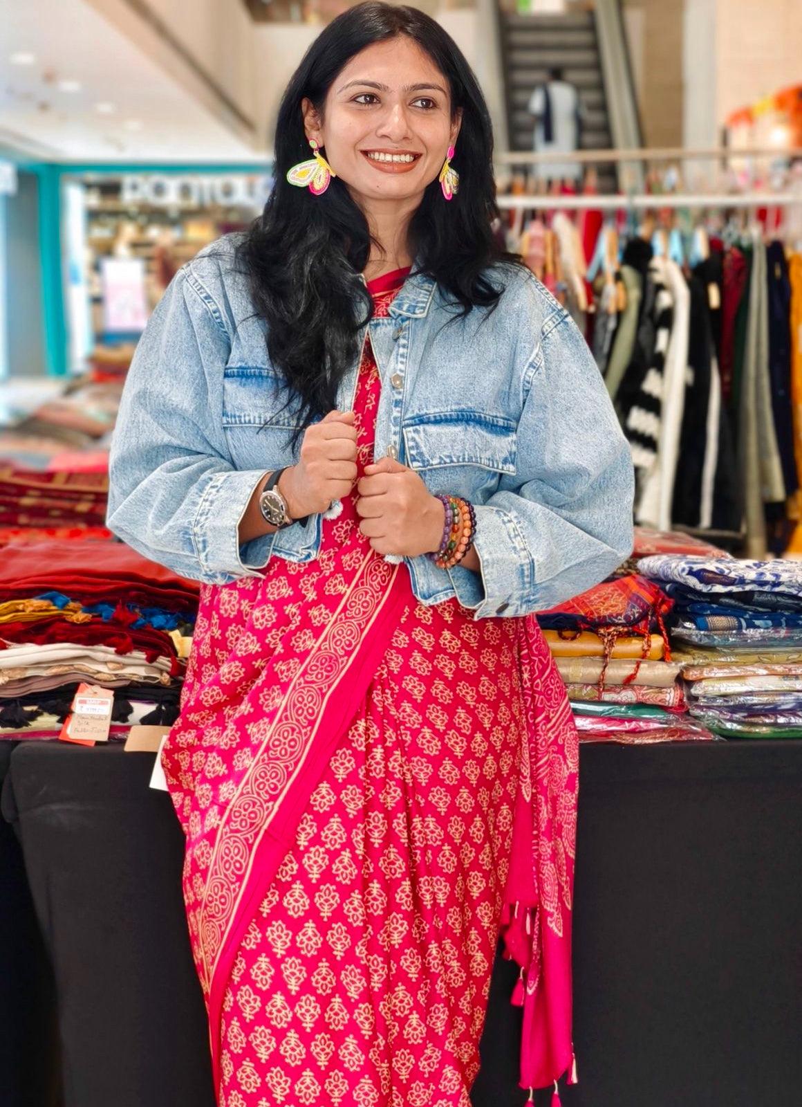 Pink - Discharge Print Modal Silk Saree - Vasaka Jaipur