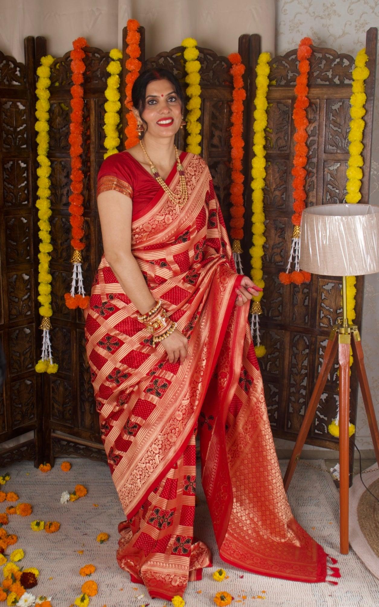 MADHURIMA - Ajrakh Gharchola Red Modal Silk Saree - Vasaka Jaipur
