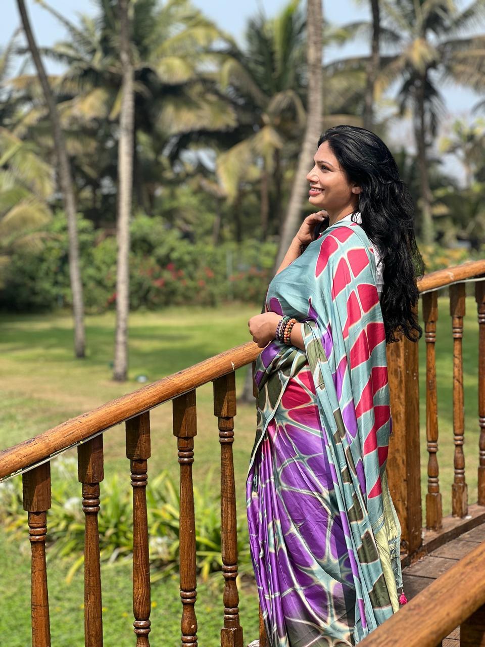 Gray Blue - Clamp Dyed Modal Silk Saree - Vasaka Jaipur