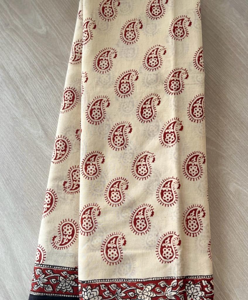 Beige Paisely Hand Block Printed Cotton Saree - Vasaka Jaipur