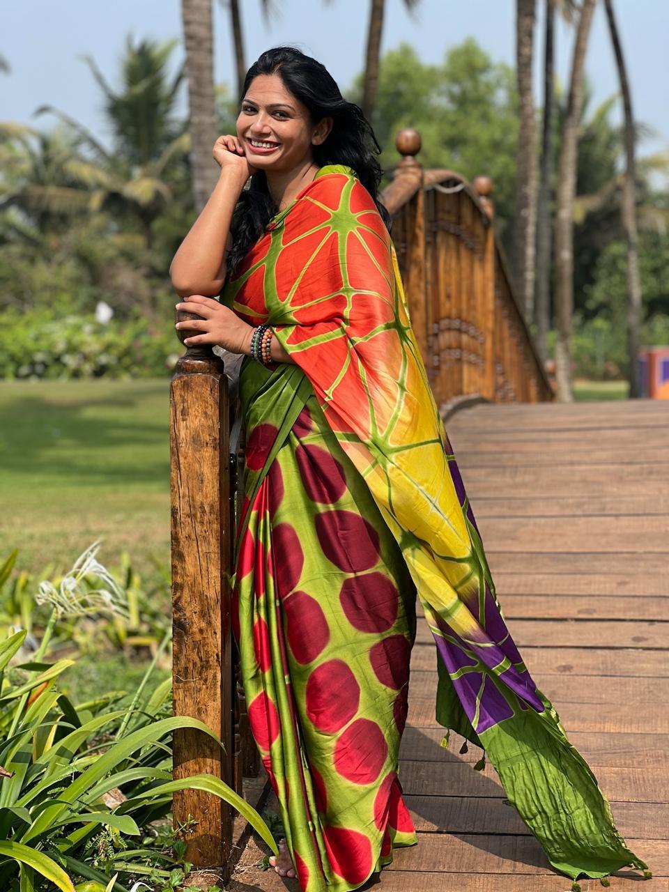 Green - Clamp Dyed Modal Silk Saree - Vasaka Jaipur