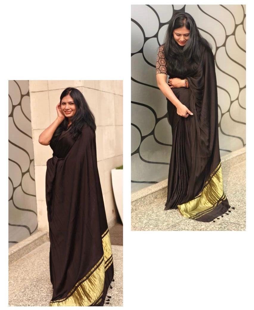 Black Colour Modal Plain Saree With Tissue Pallu - Vasaka Jaipur