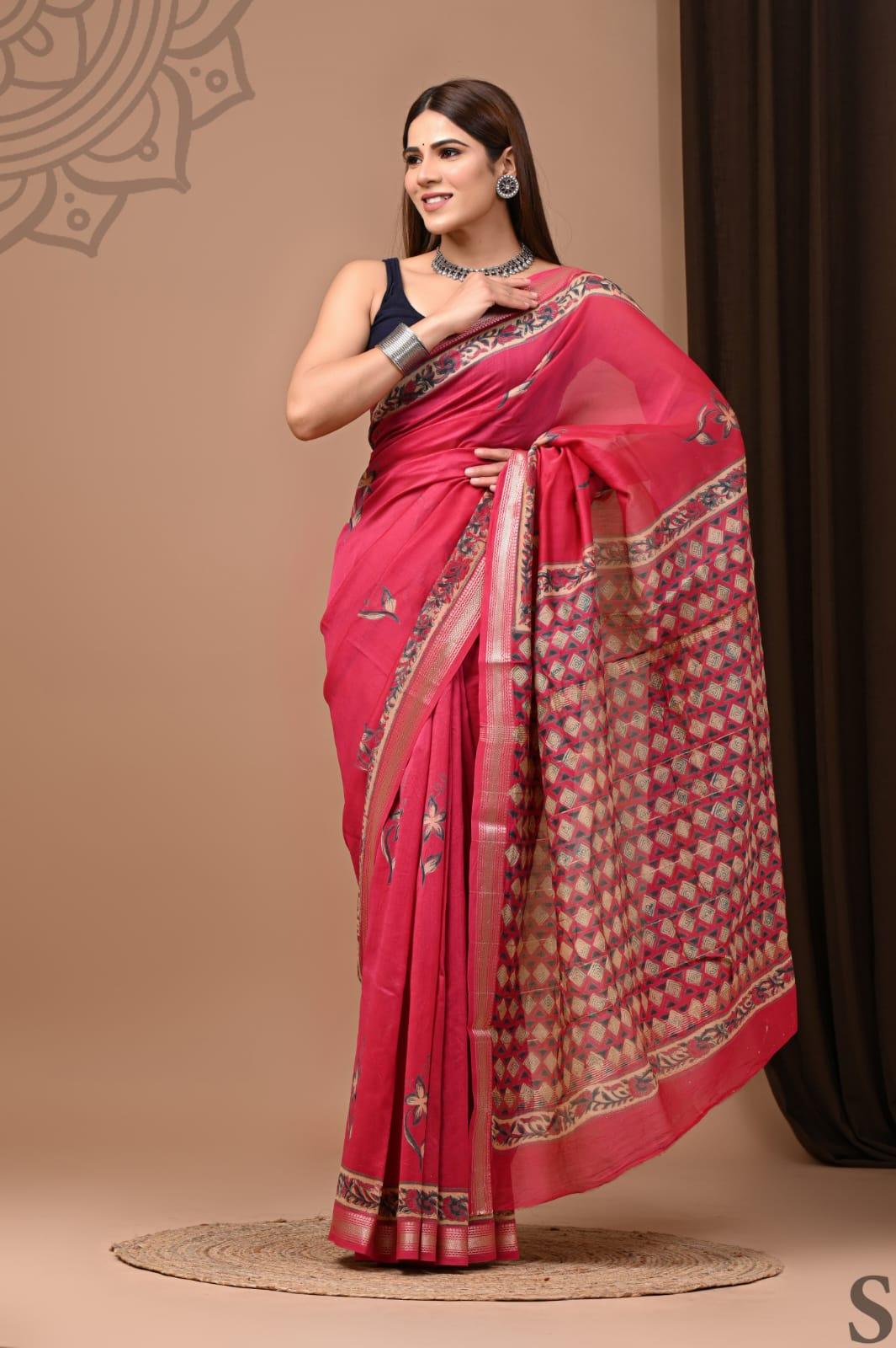 Pink -Handblock Maheshwari Silk Saree - Vasaka Jaipur