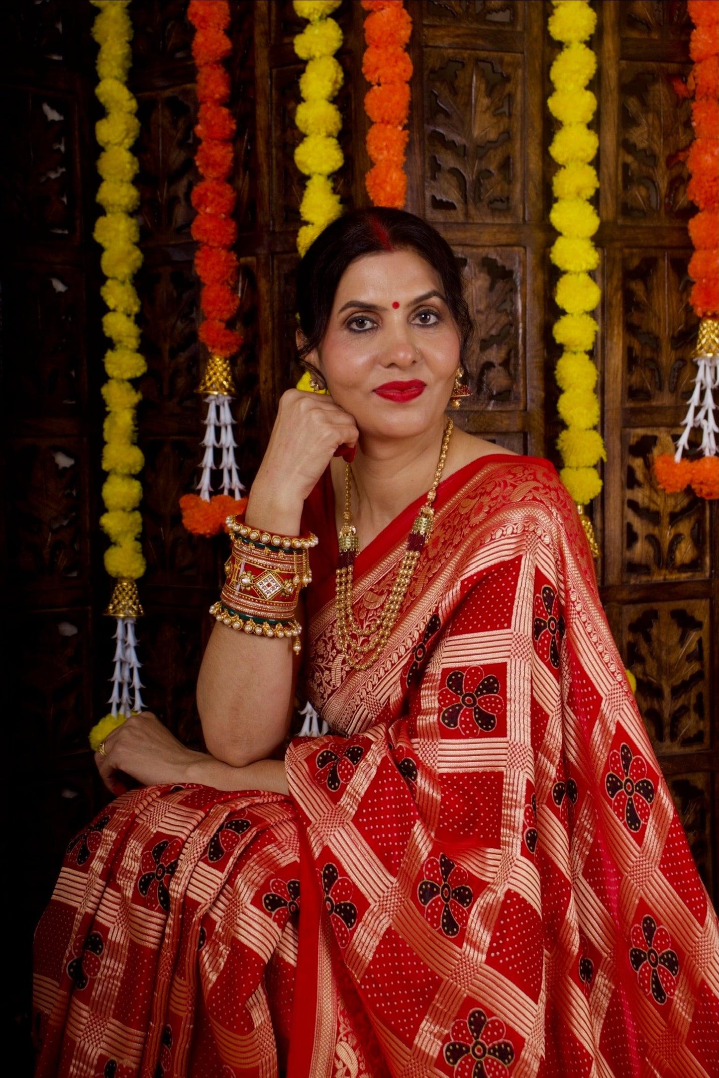 MADHURIMA - Ajrakh Gharchola Red Modal Silk Saree - Vasaka Jaipur