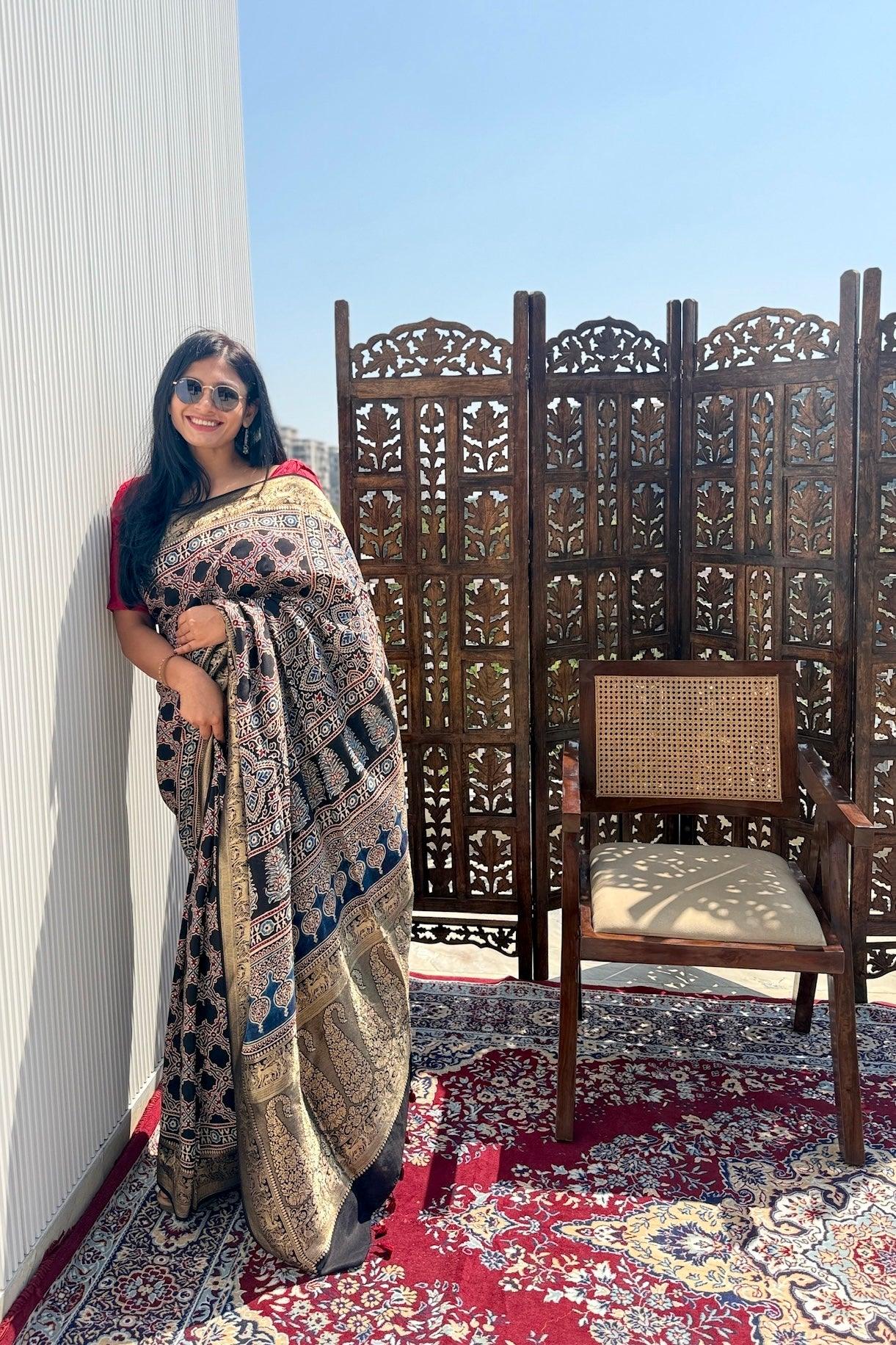 Black - Designer Ajrakh Handblock Premium Dola Silk Saree