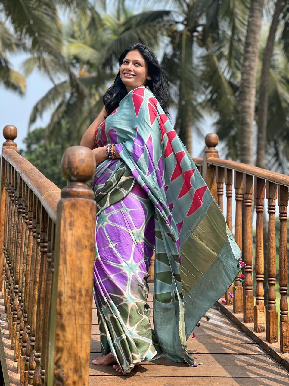 Gray Blue - Clamp Dyed Modal Silk Saree - Vasaka Jaipur