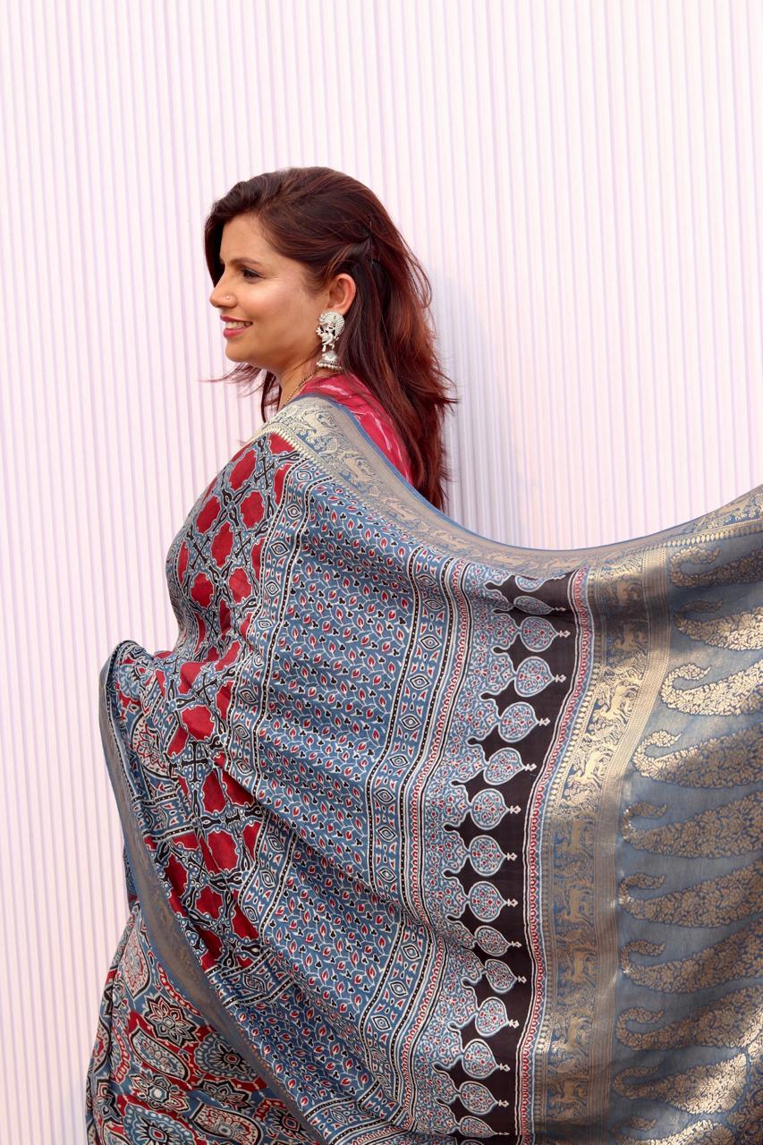 Indigo - Designer Ajrakh Handblock Premium Dola Silk Saree - Vasaka Jaipur