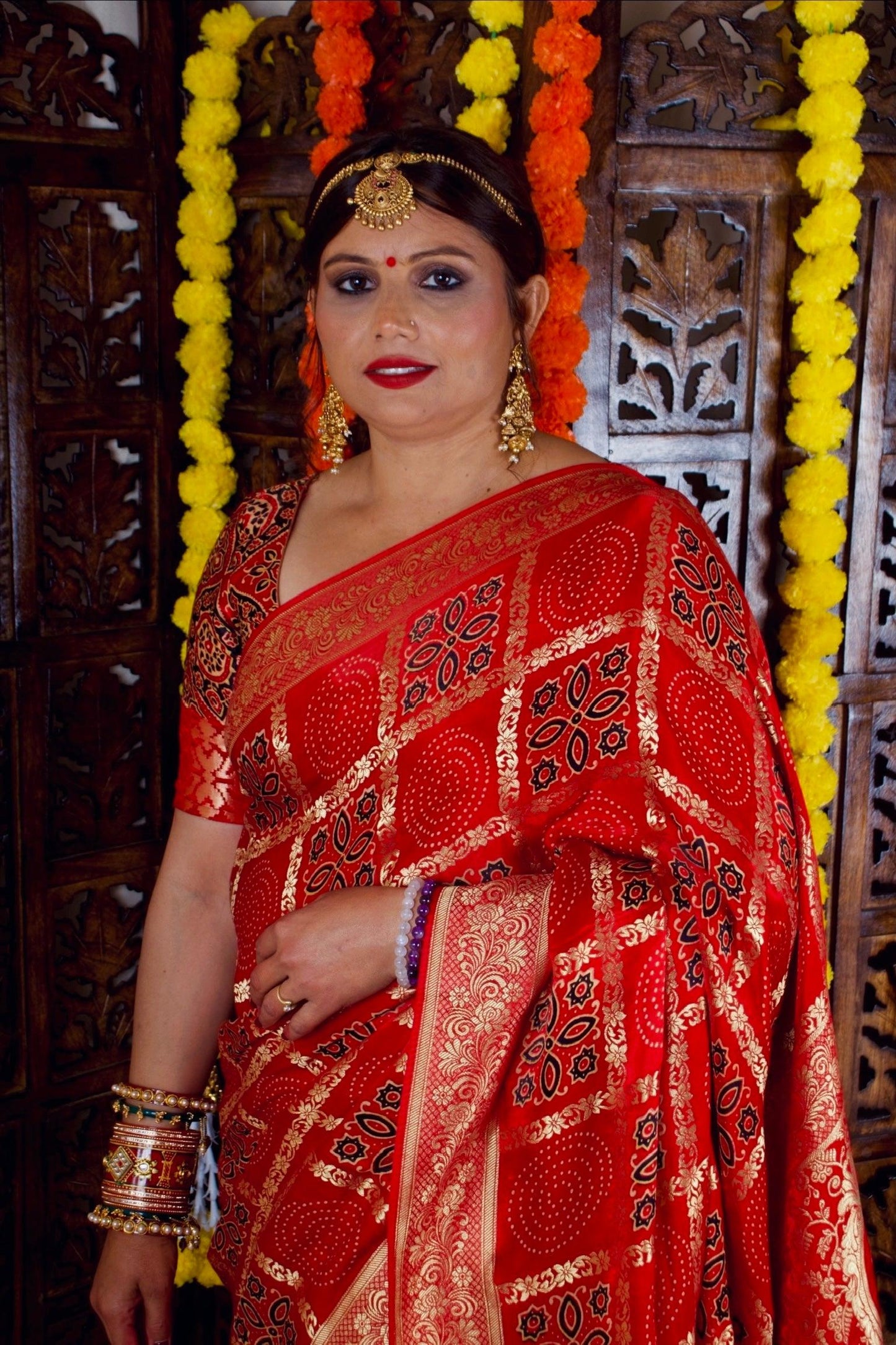 KUMUDINI - Ajrakh Gharchola Red Modal Silk Saree - Vasaka Jaipur