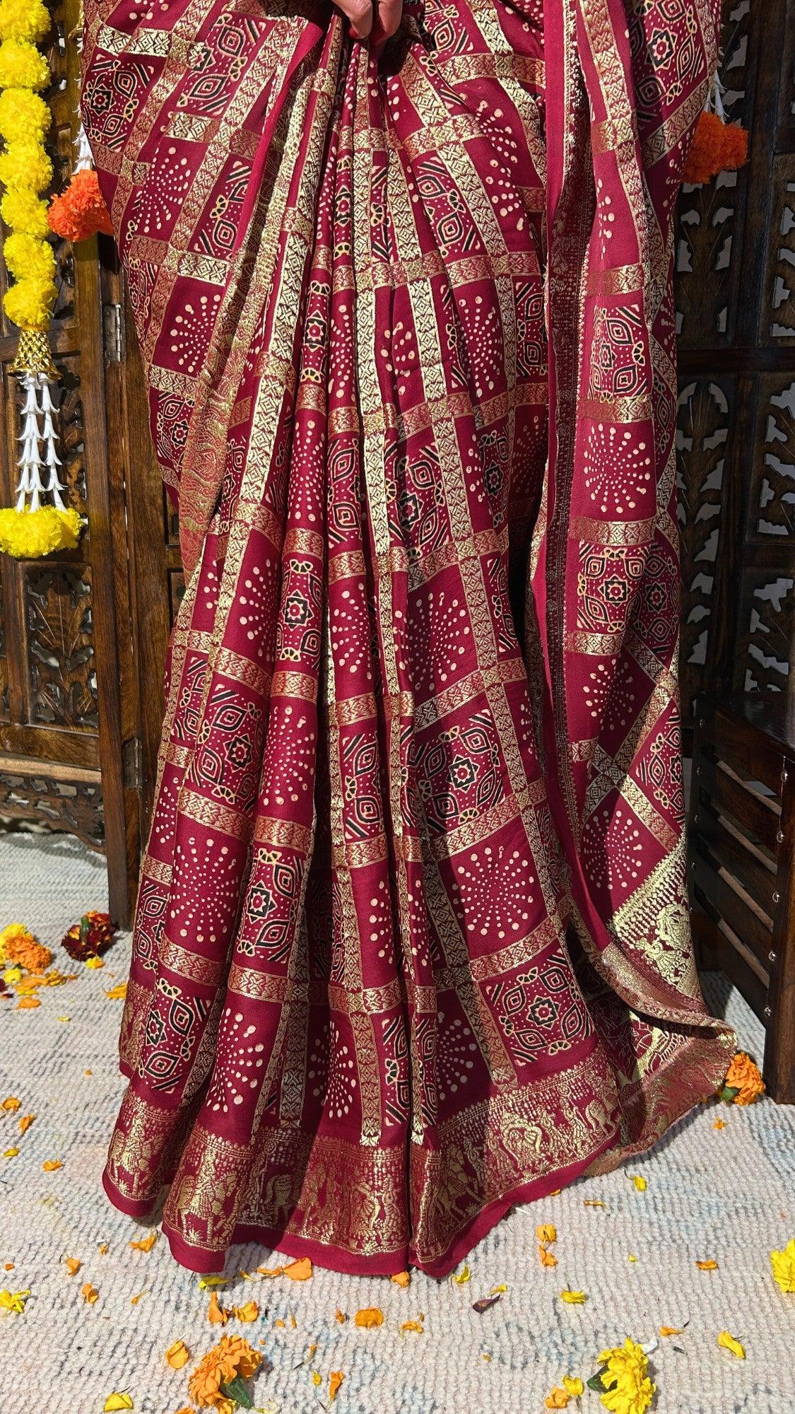 SWARNIMA - Ajrakh Gharchola Red Modal Silk Saree - Vasaka Jaipur