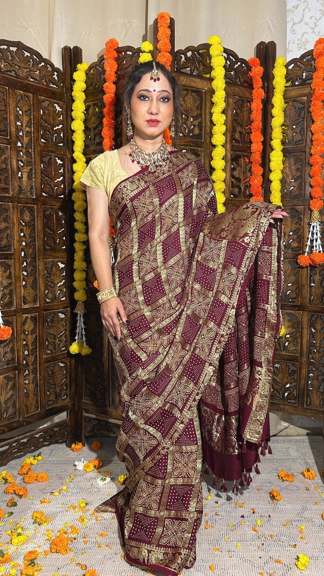 NANDINI - Ajrakh Gharchola Brownish Maroon Gajji Silk Saree - Vasaka Jaipur