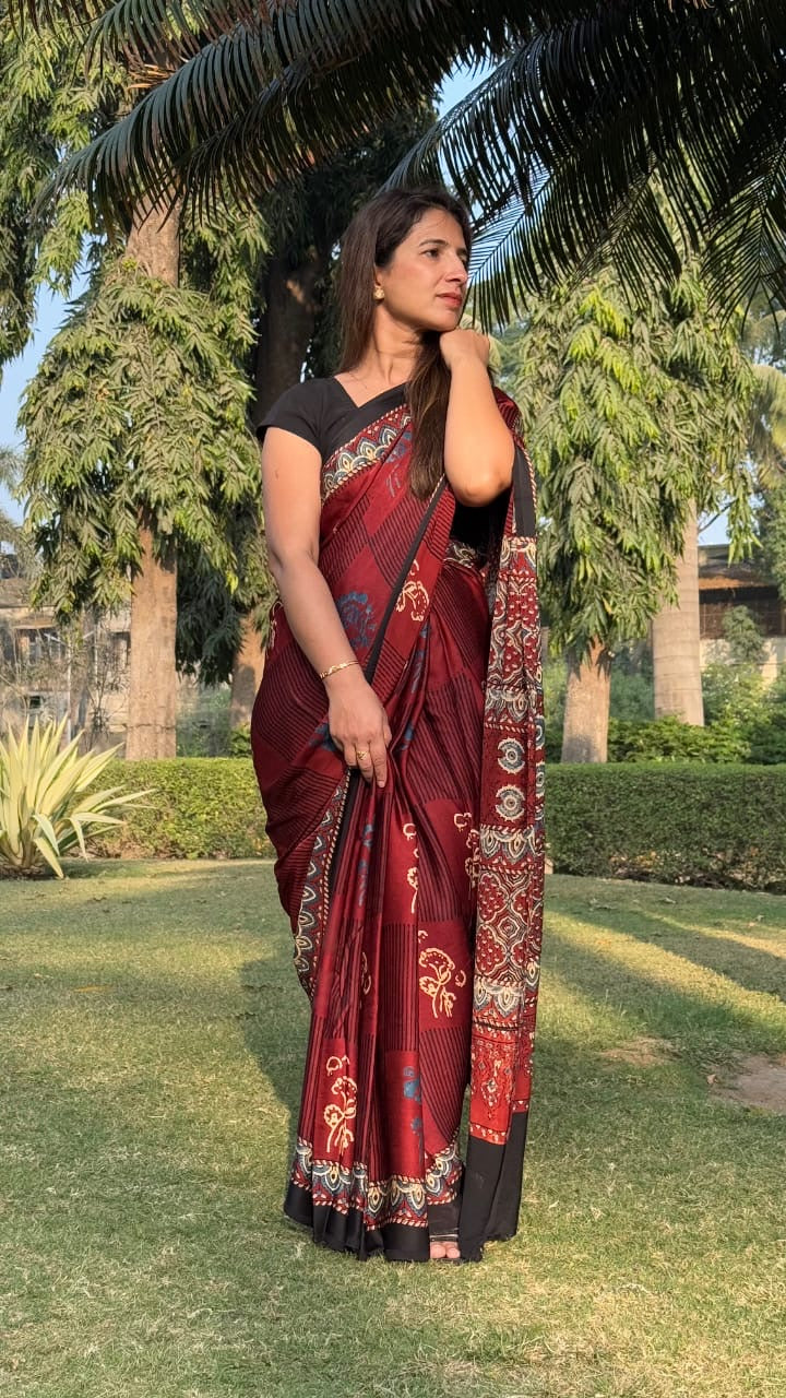 Noorani : AJRAKH HANDBLOCK MODAL SILK SAREE