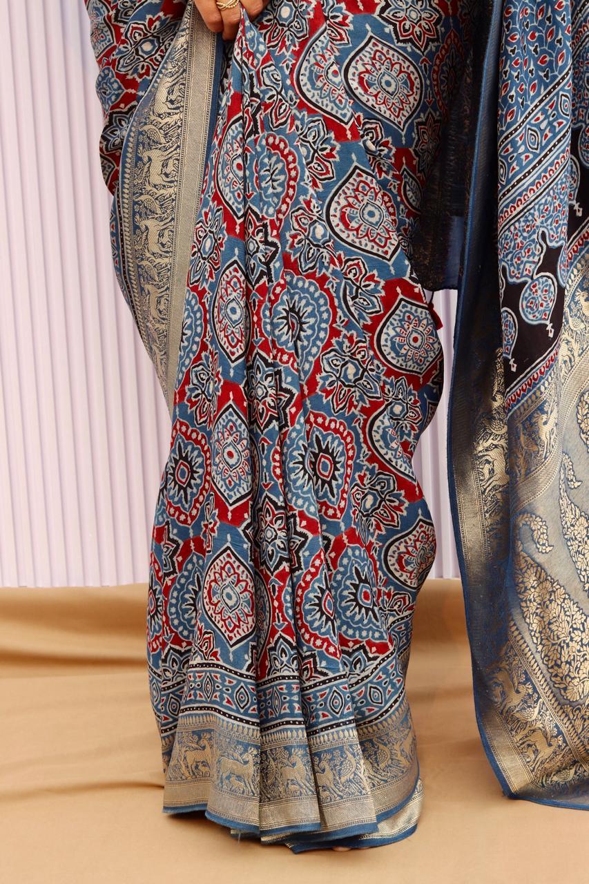 Indigo - Designer Ajrakh Handblock Premium Dola Silk Saree - Vasaka Jaipur