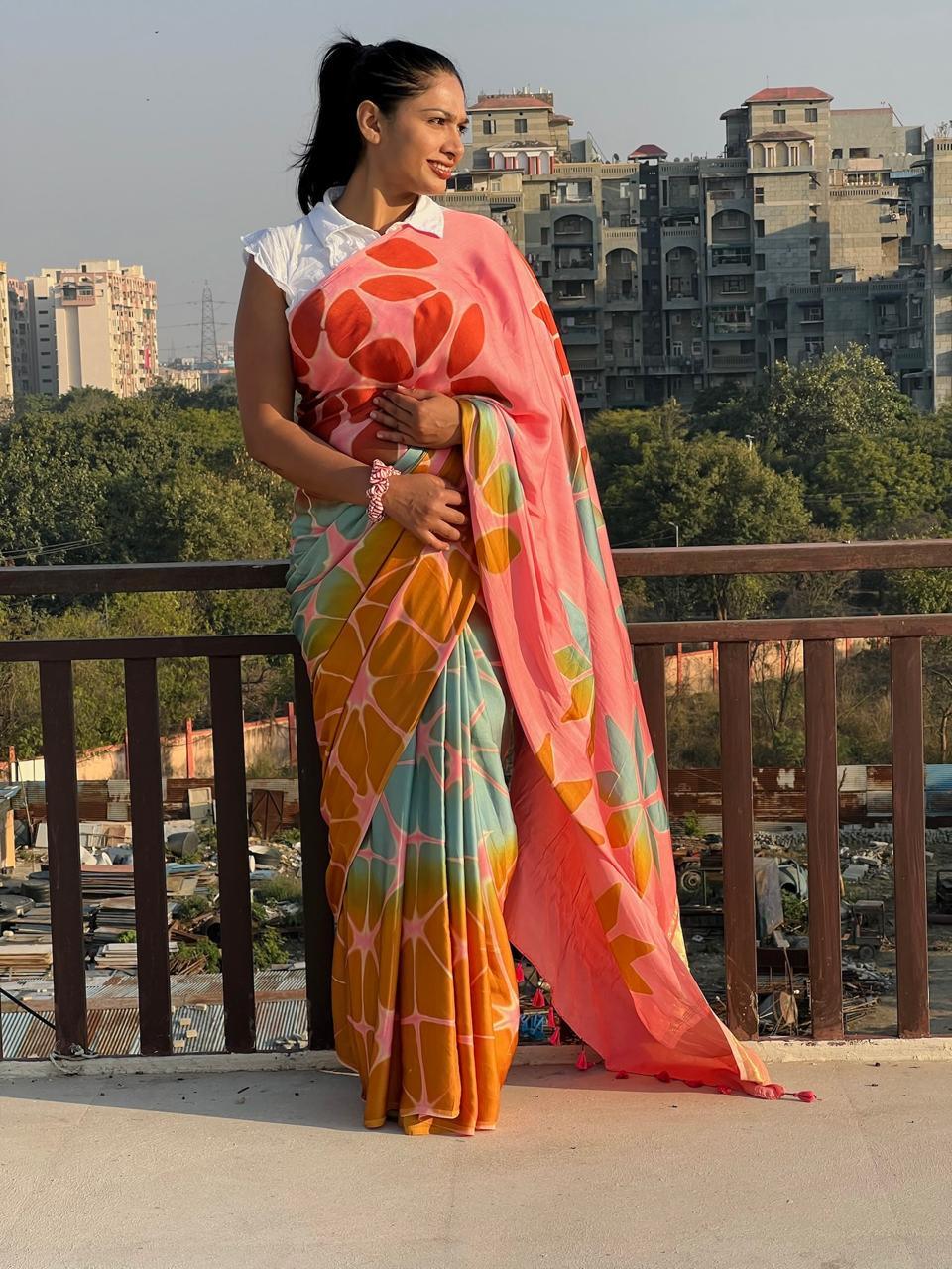 Pastel Pink - Clamp Dyed Modal Silk Saree - Vasaka Jaipur