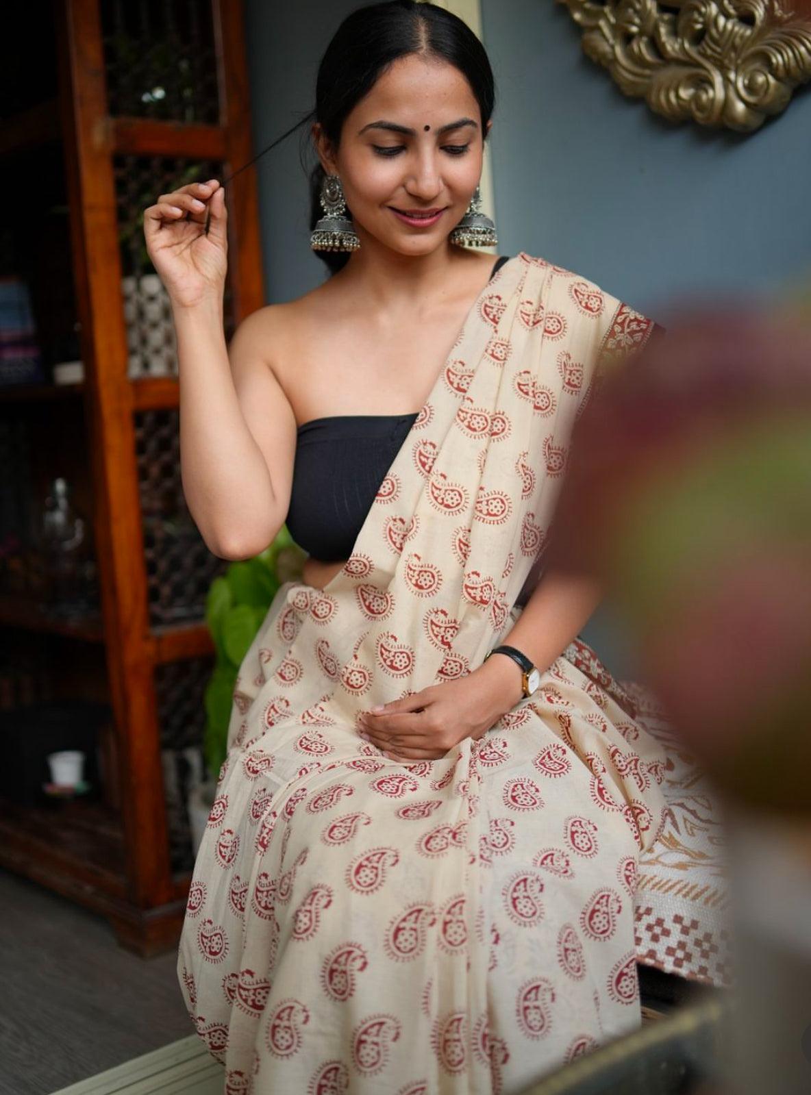 Beige Paisely Hand Block Printed Cotton Saree - Vasaka Jaipur