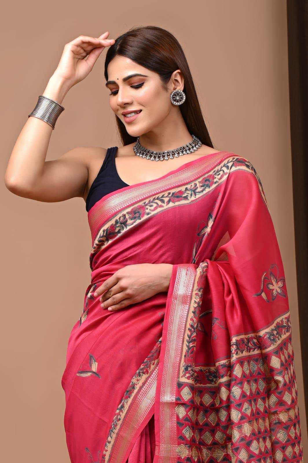 Pink -Handblock Maheshwari Silk Saree - Vasaka Jaipur