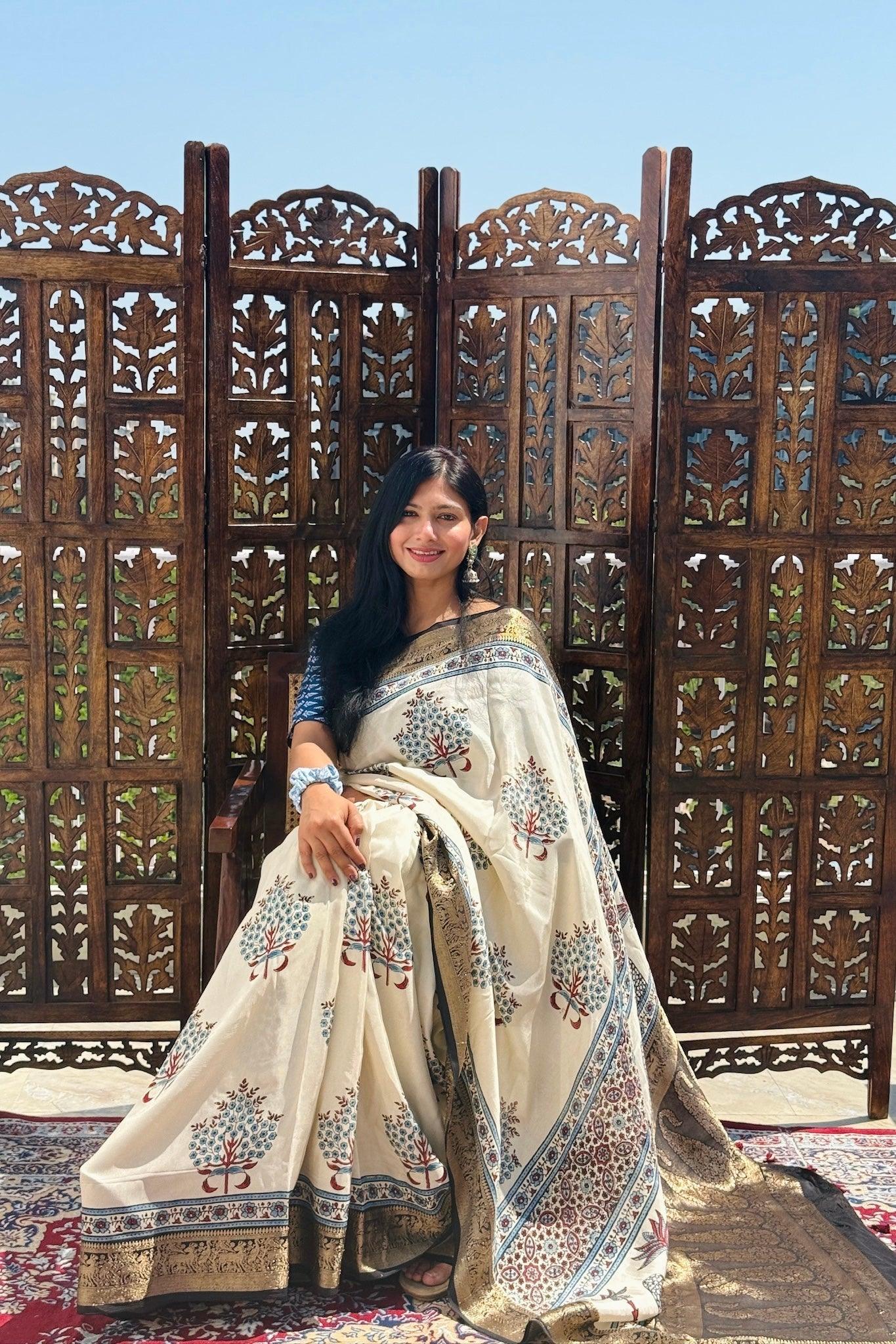 Beige - Designer Ajrakh Handblock Premium Dola Silk Saree