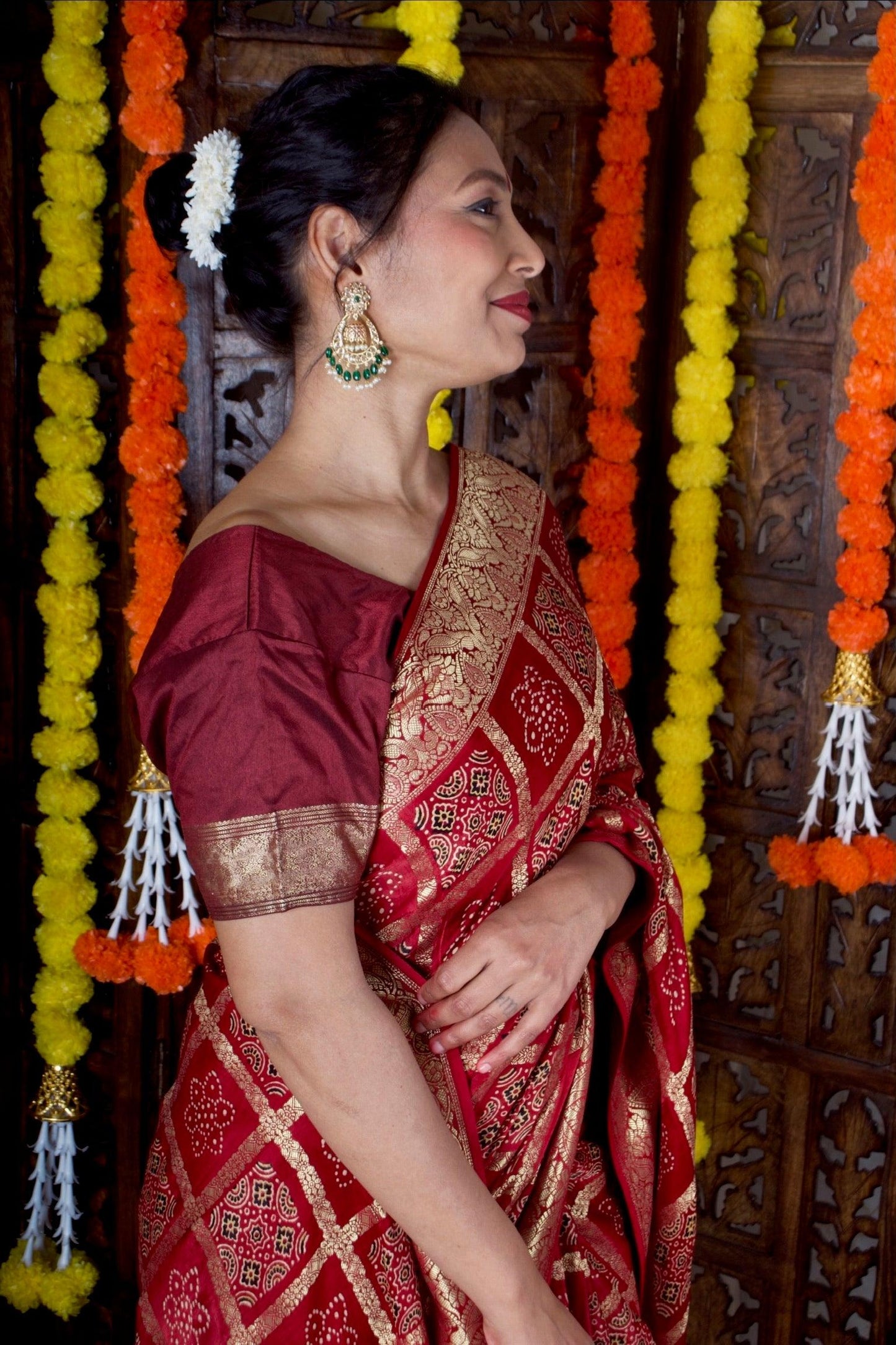 CHANDRIKA - Ajrakh Gharchola Red Modal Silk Saree - Vasaka Jaipur