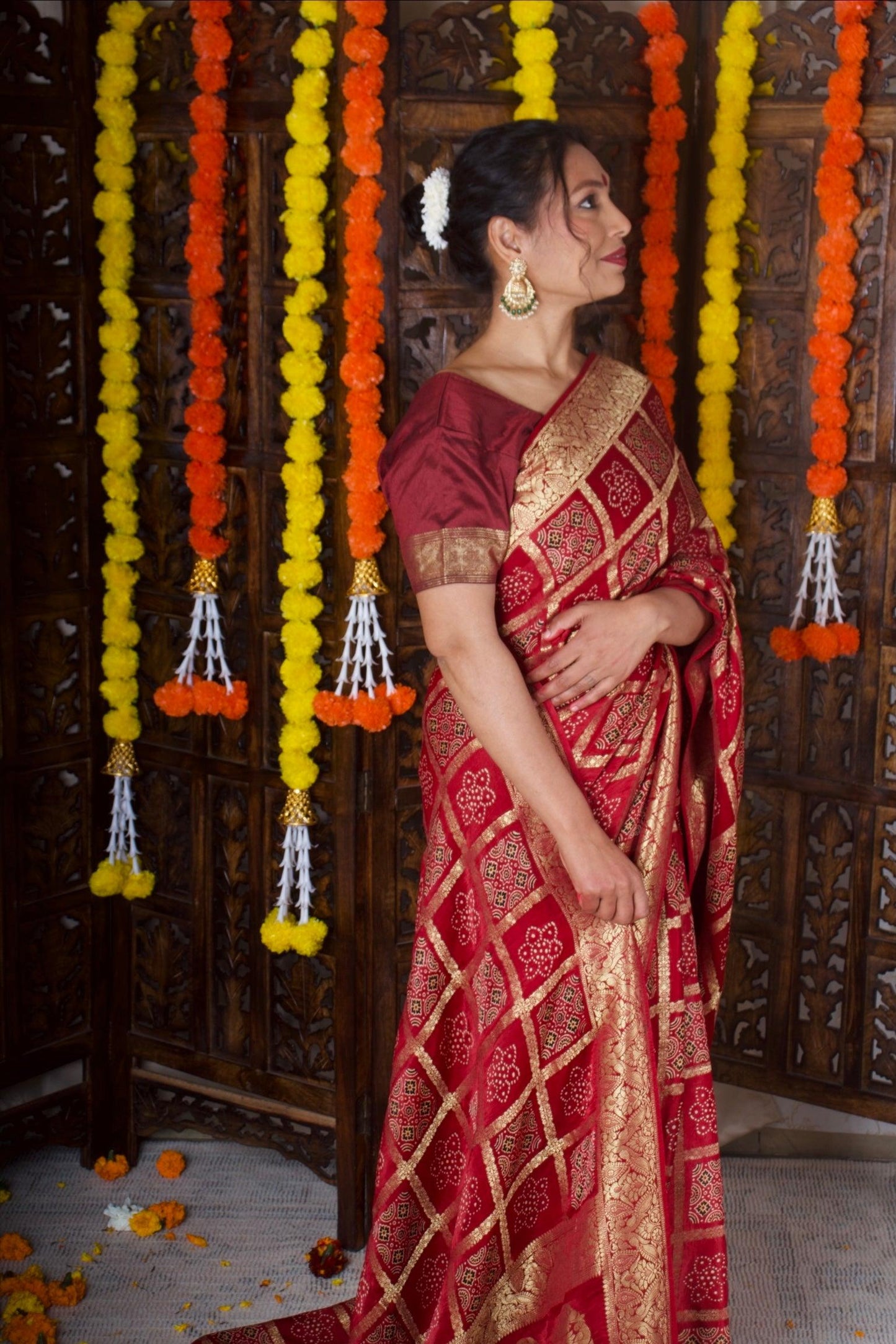 CHANDRIKA - Ajrakh Gharchola Red Modal Silk Saree - Vasaka Jaipur