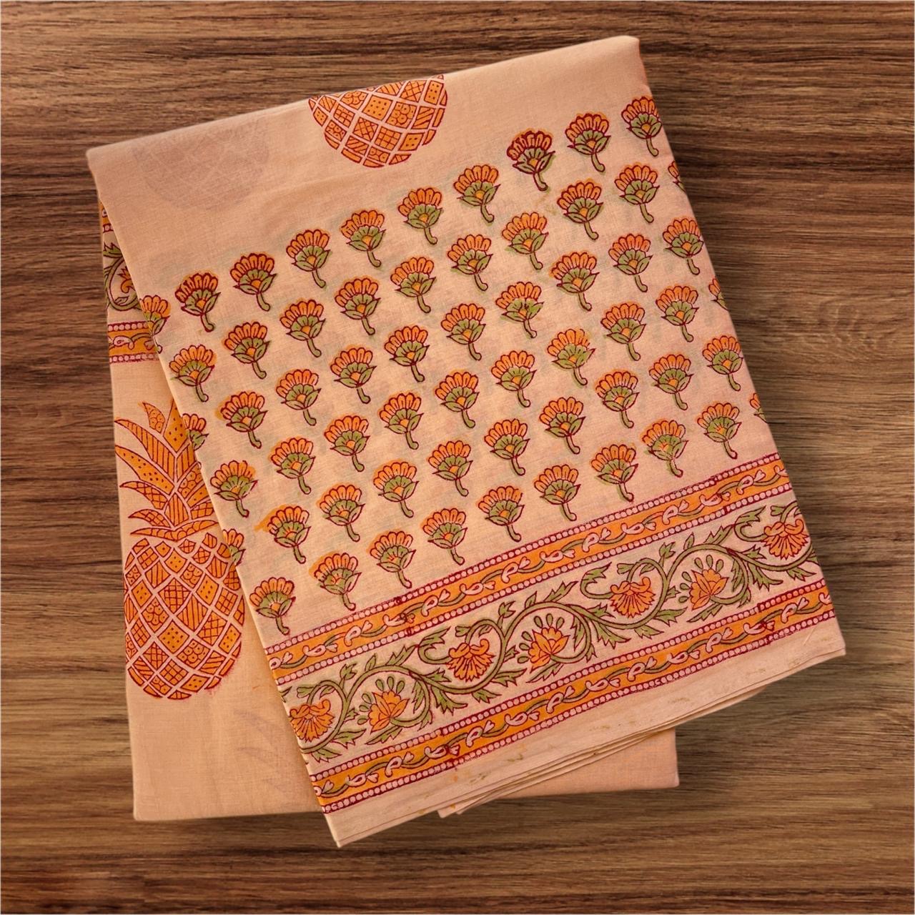 Peach Pineapple Hand Block Printed Cotton Saree