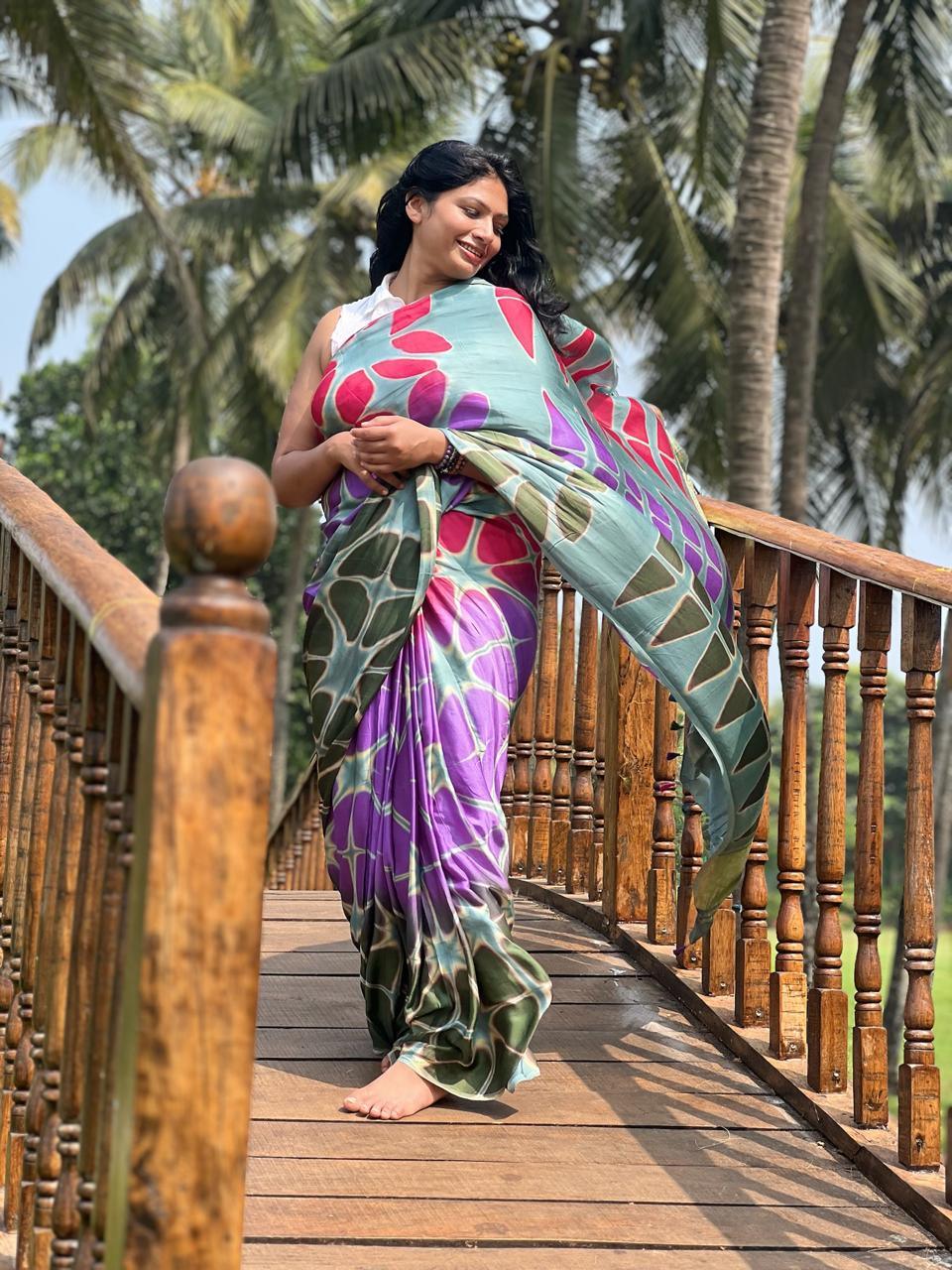 Gray Blue - Clamp Dyed Modal Silk Saree - Vasaka Jaipur