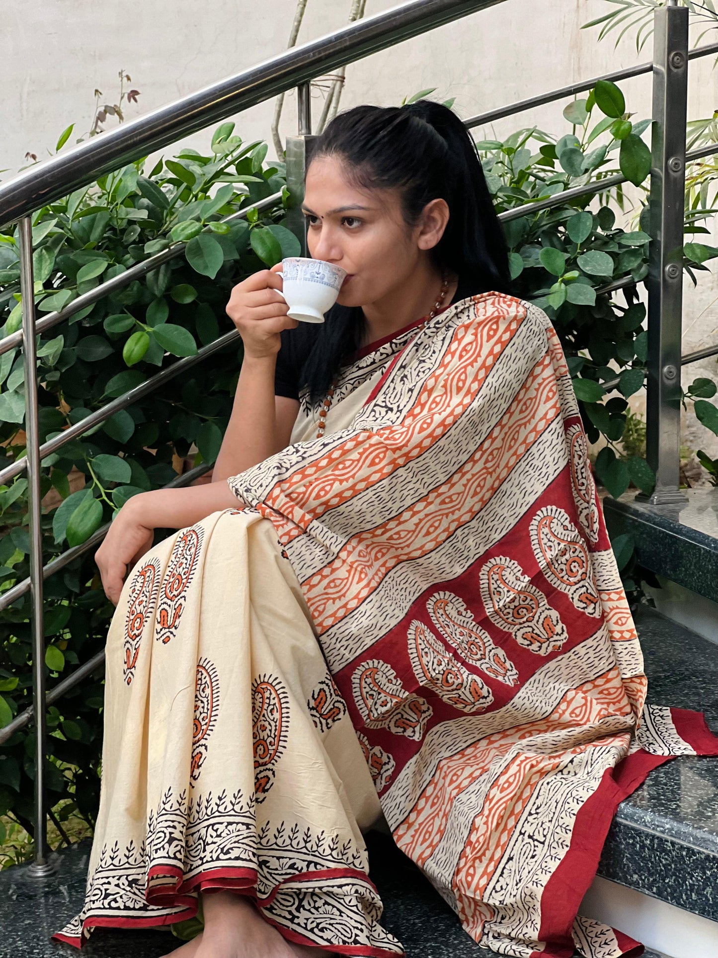 Beige Paisely Hand Block Printed Cotton Saree - Vasaka Jaipur