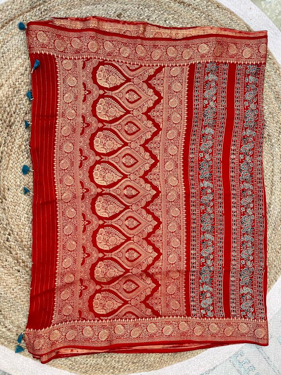 Red - Ajrakh Handblock Dola Silk Saree - Vasaka Jaipur