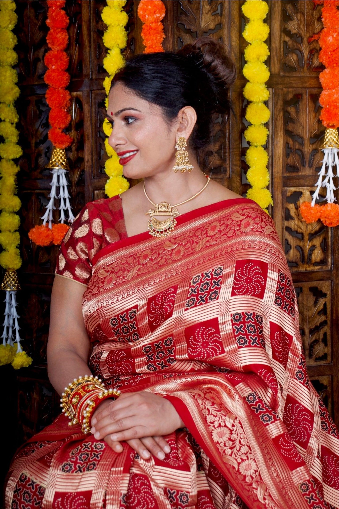 NIHARIKA - Ajrakh Gharchola Red Modal Silk Saree - Vasaka Jaipur
