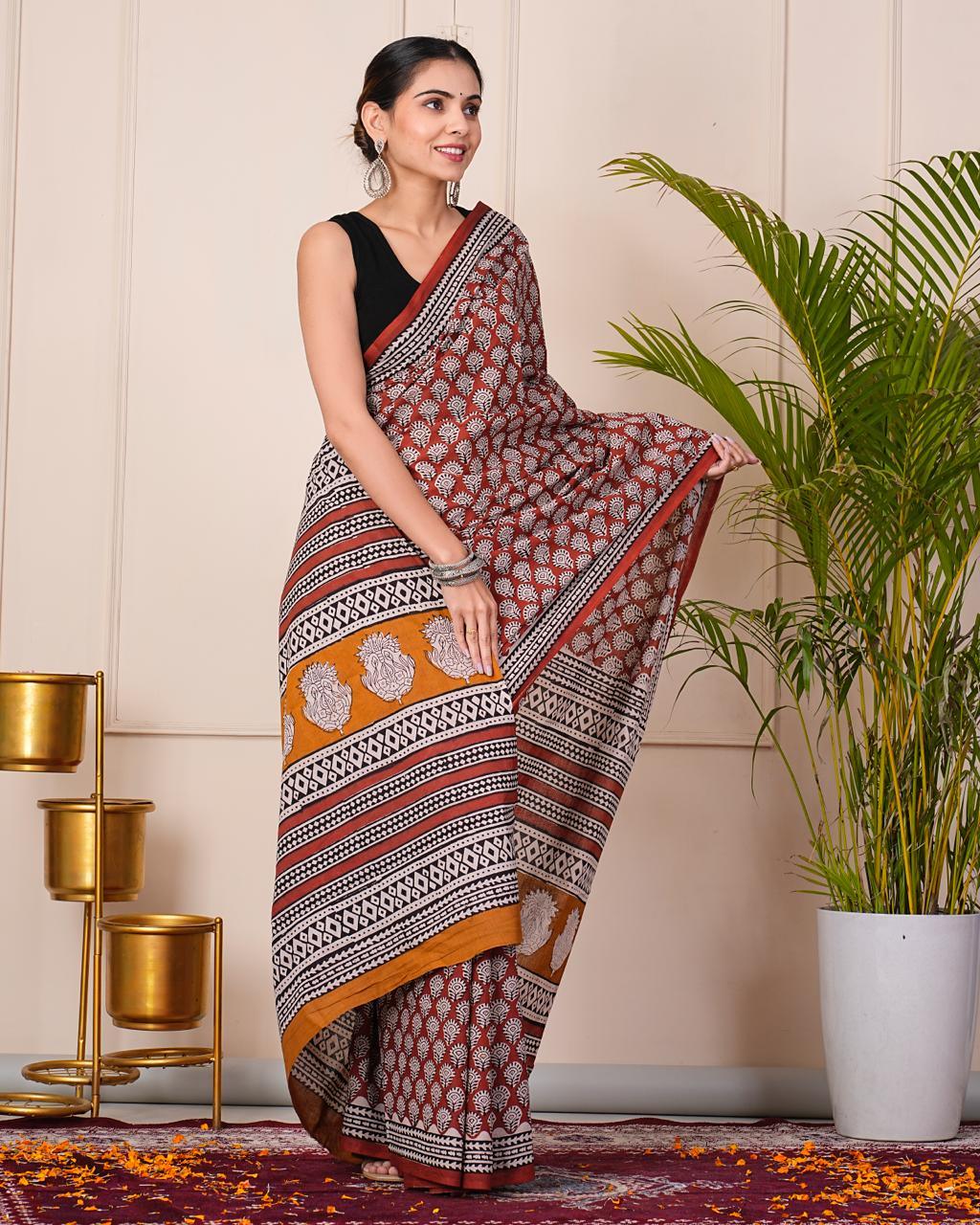 Brick Red_ Mulmul Cotton Saree - Vasaka Jaipur