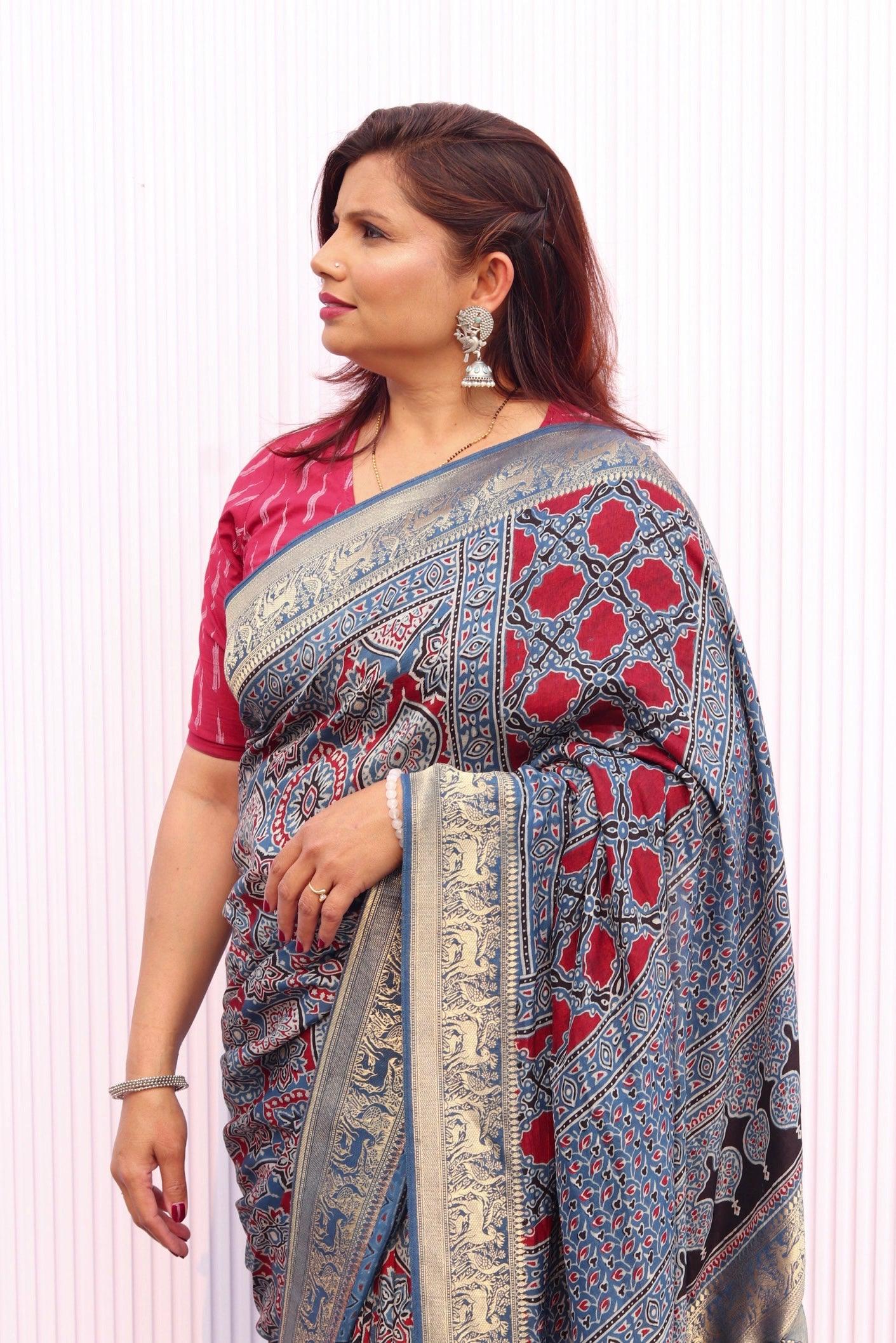 Indigo - Designer Ajrakh Handblock Premium Dola Silk Saree - Vasaka Jaipur