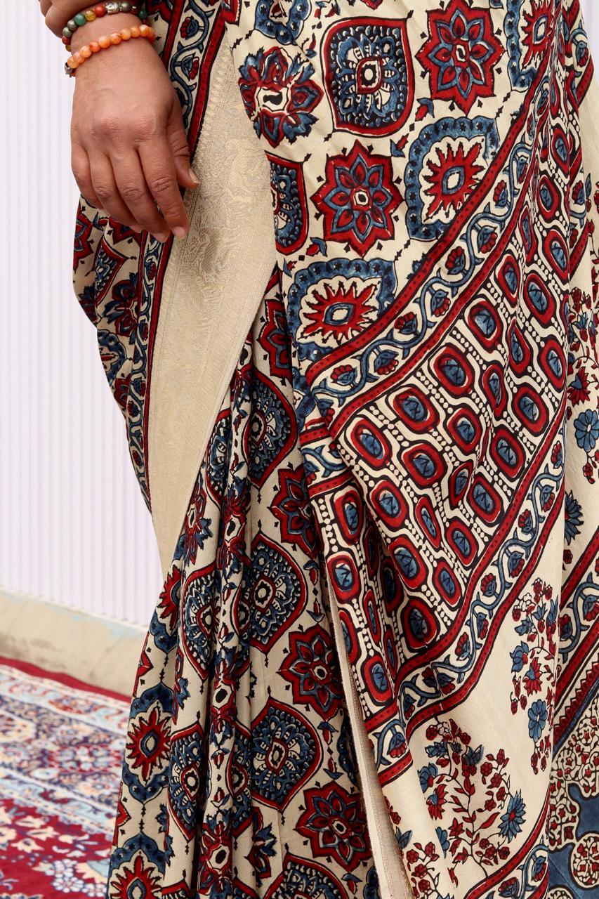 Beige - Designer Ajrakh Handblock Premium Dola Silk Saree - Vasaka Jaipur