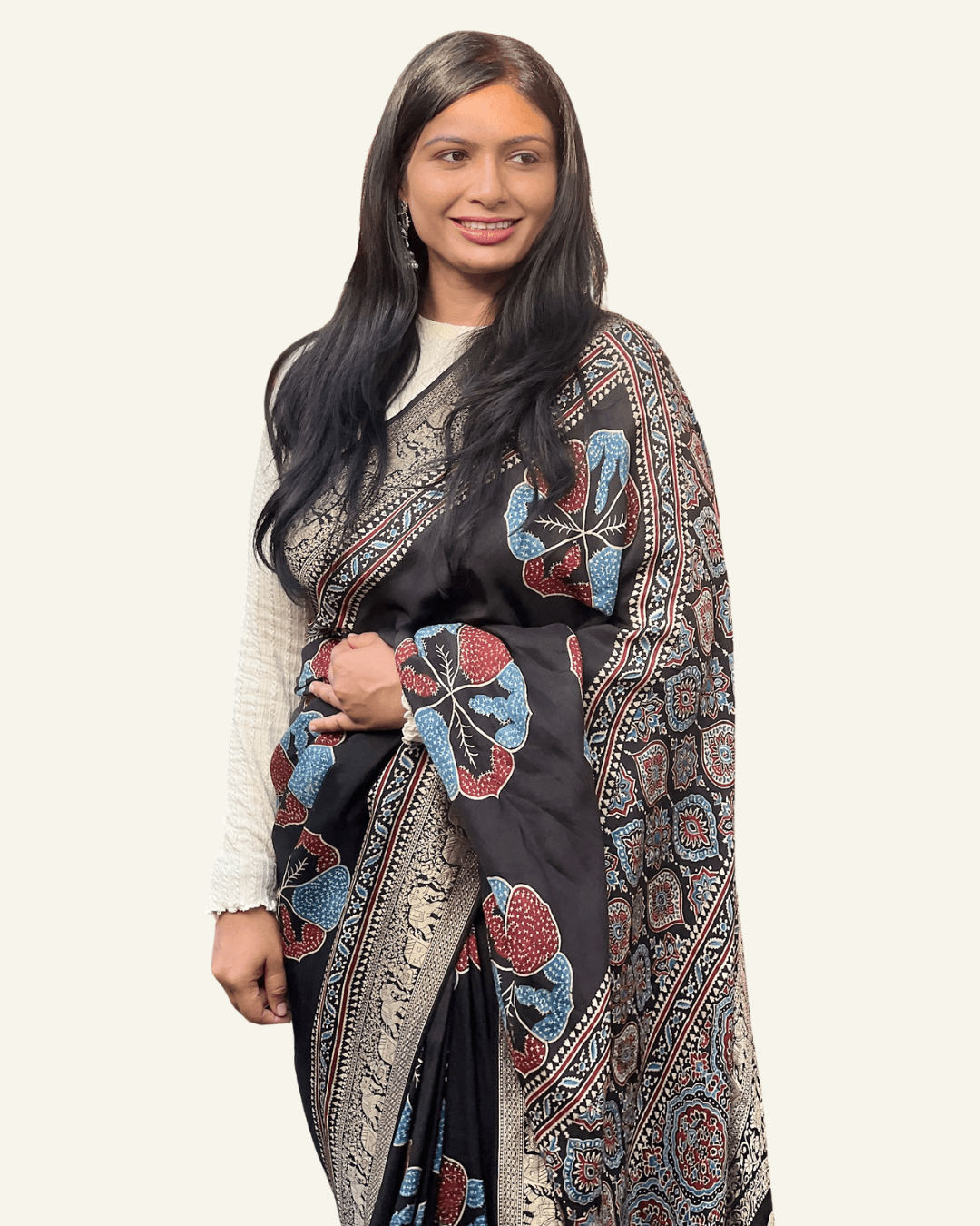 Black - Designer Ajrakh Handblock Premium Dola Silk Saree - Vasaka Jaipur
