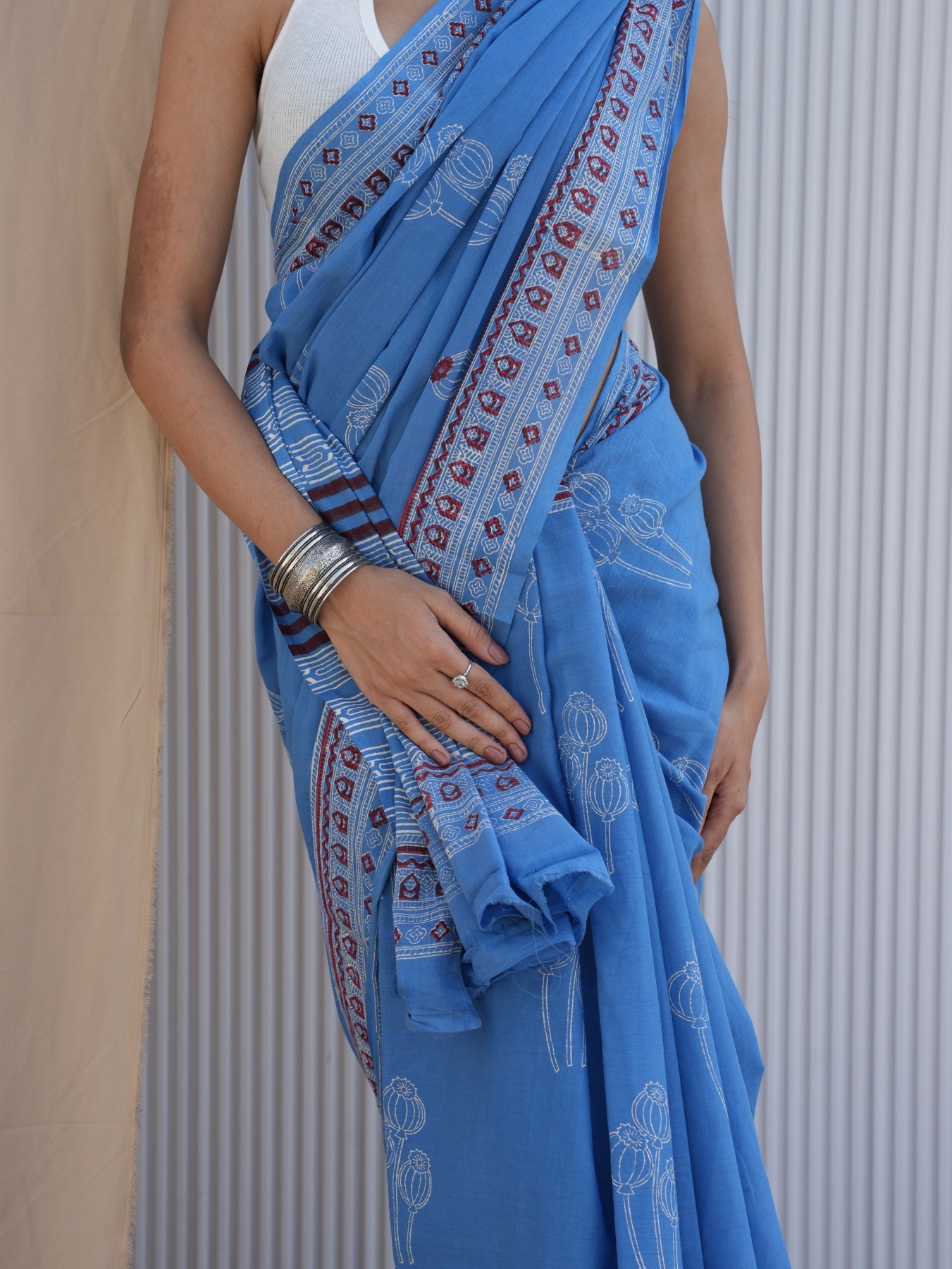 NAVELI_ Blue Hand Block Printed Cotton Saree - Discharge Print