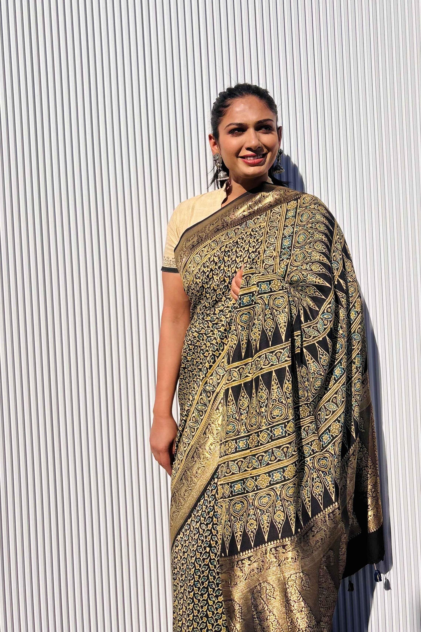 Black - Designer Ajrakh Handblock Premium Dola Silk Saree