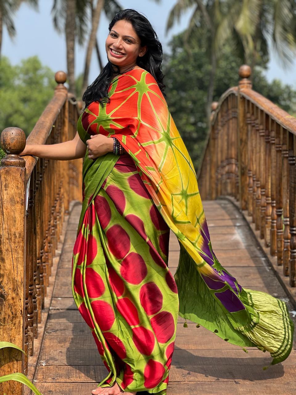 Green - Clamp Dyed Modal Silk Saree - Vasaka Jaipur