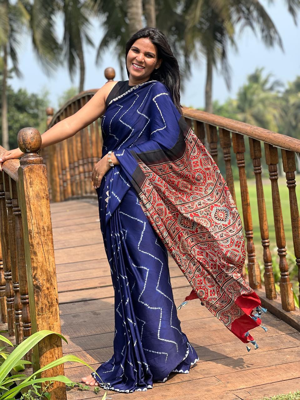 Blue - Needle Shibori Modal Saree With Ajrakh Pallu & Blouse - Vasaka Jaipur