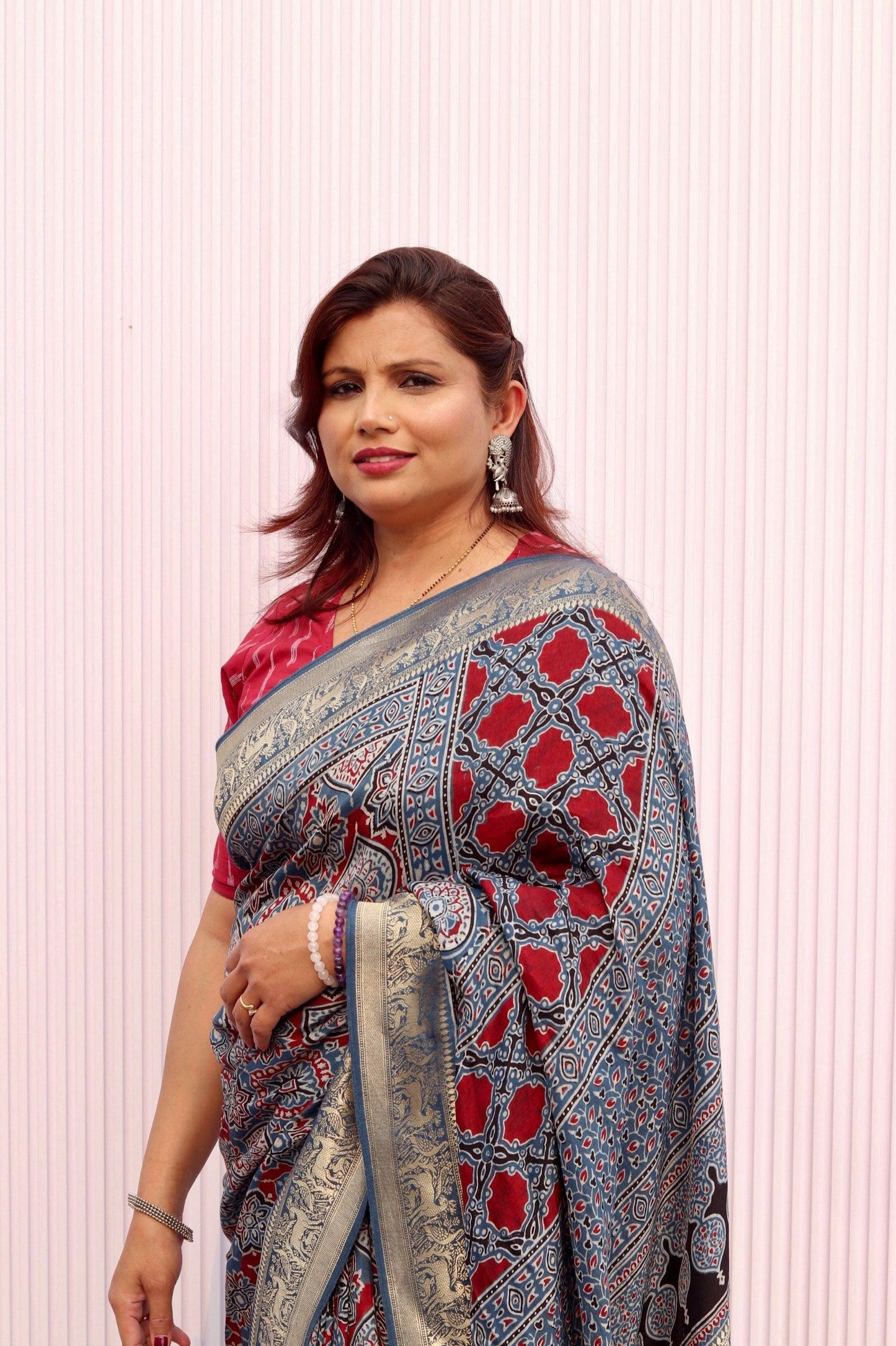 Indigo - Designer Ajrakh Handblock Premium Dola Silk Saree - Vasaka Jaipur
