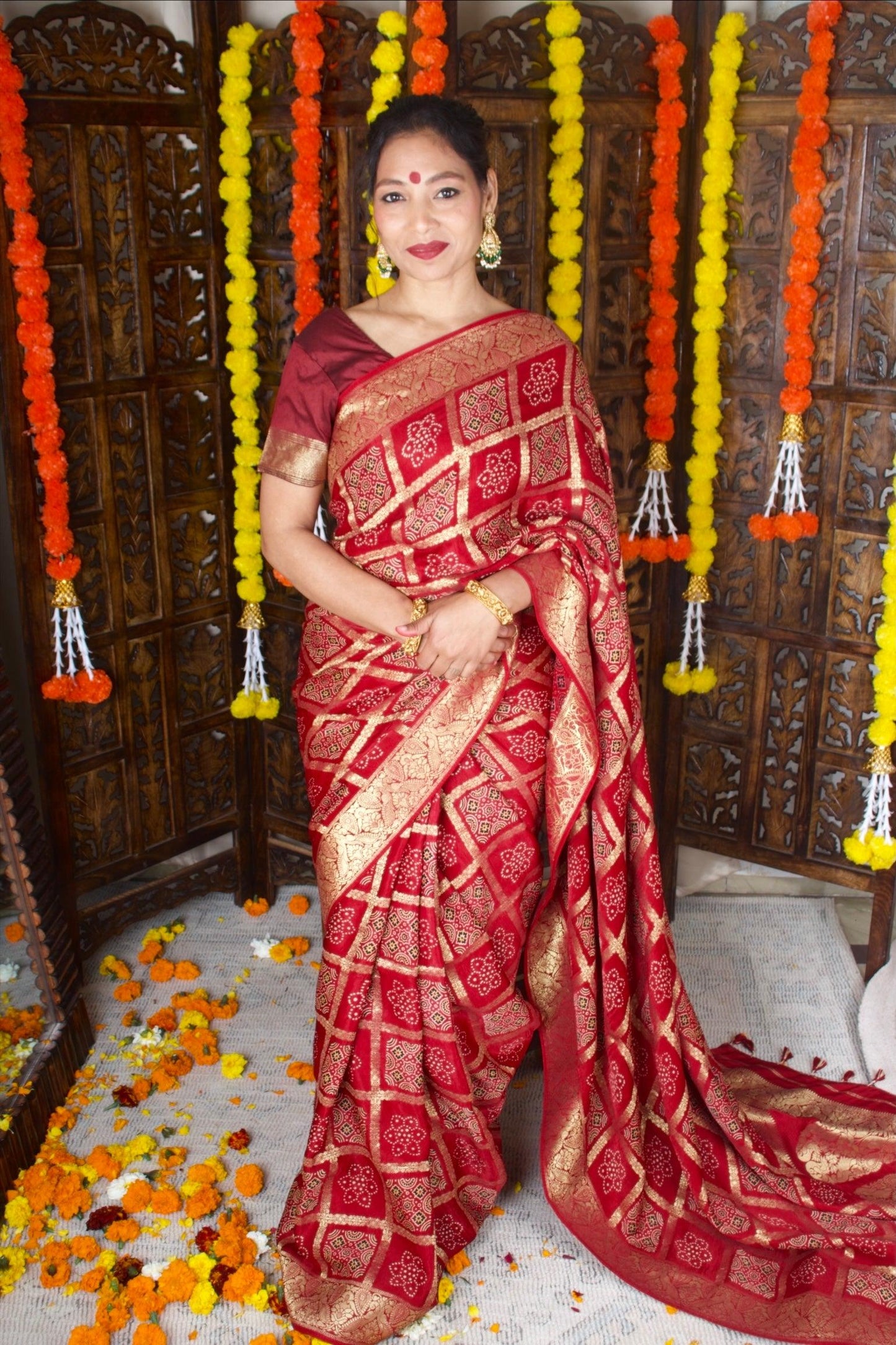 CHANDRIKA - Ajrakh Gharchola Red Modal Silk Saree - Vasaka Jaipur