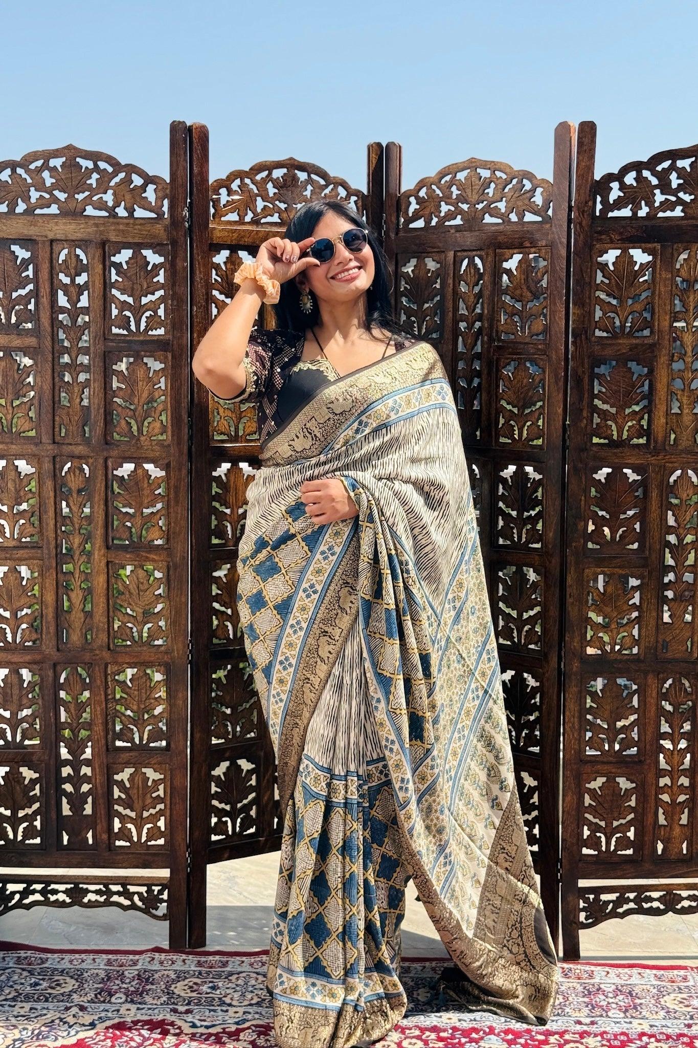 Off White - Designer Ajrakh Handblock Premium Dola Silk Saree