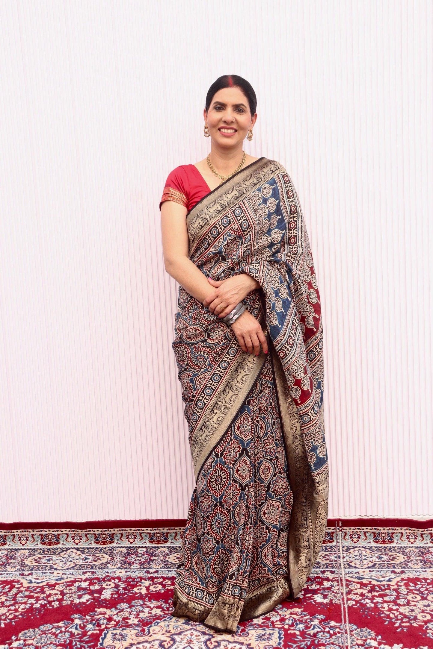 Black- Designer Ajrakh Handblock Premium Dola Silk Saree - Vasaka Jaipur