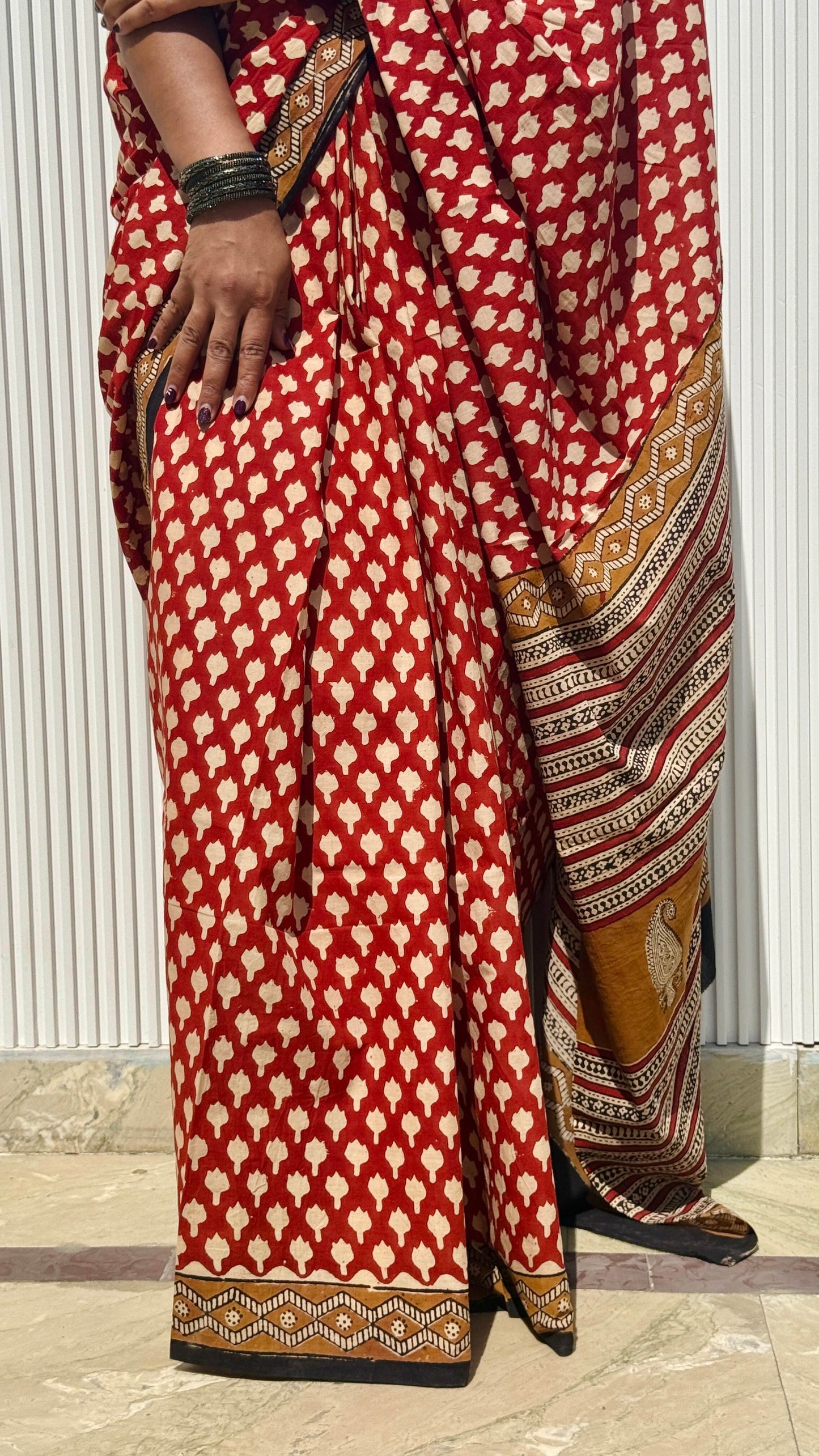 Red Hand Block Printed Cotton Saree
