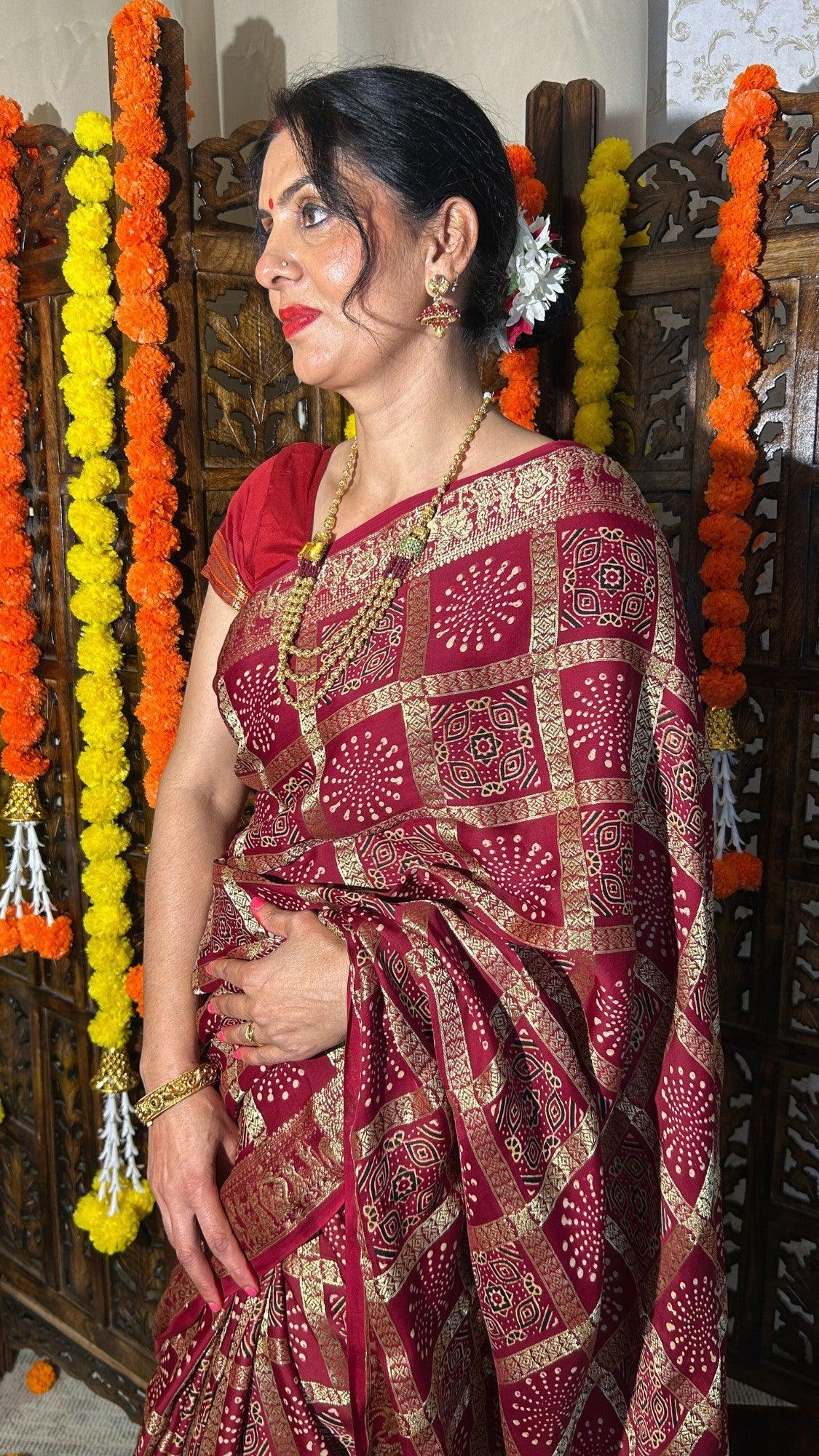 SWARNIMA - Ajrakh Gharchola Red Modal Silk Saree - Vasaka Jaipur