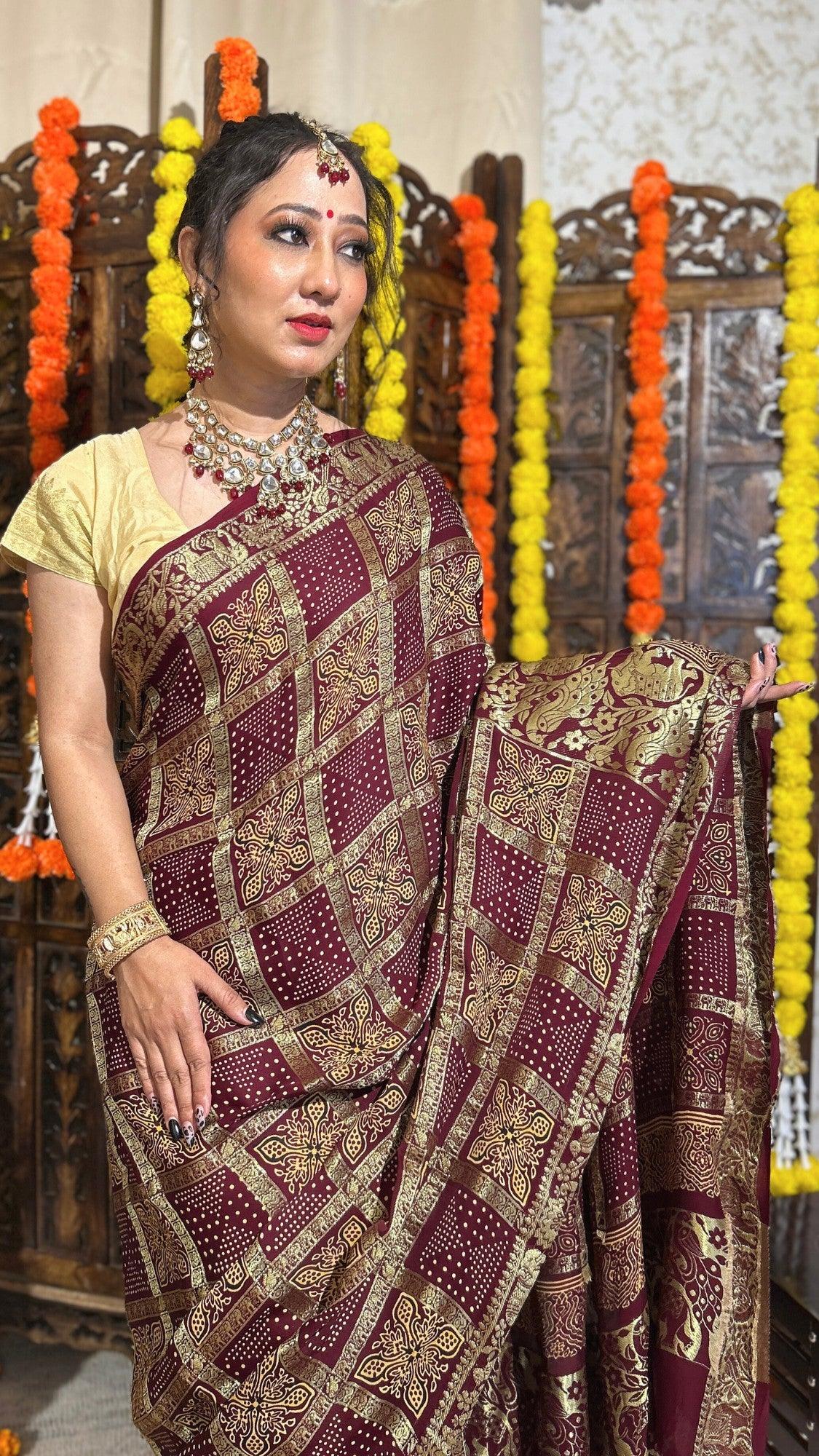 NANDINI - Ajrakh Gharchola Brownish Maroon Gajji Silk Saree - Vasaka Jaipur