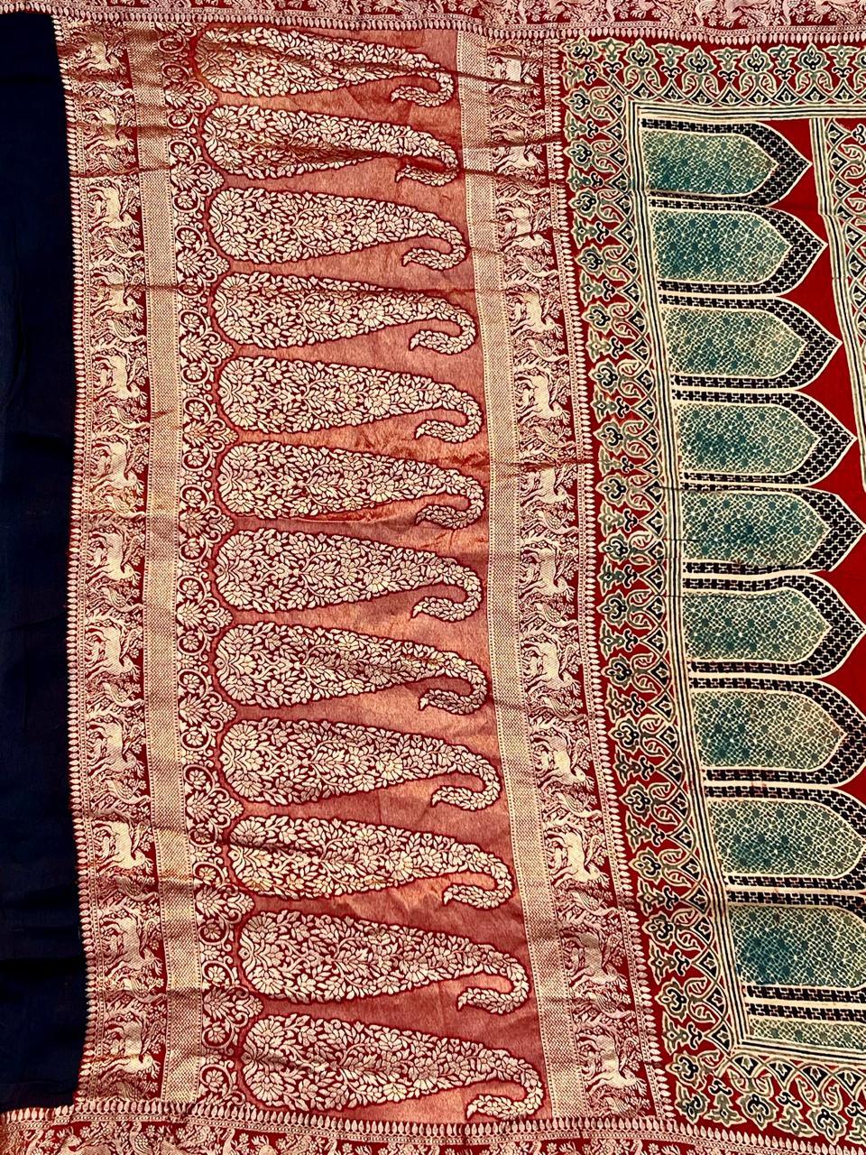 Red - Designer Ajrakh Handblock Premium Dola Silk Saree - Vasaka Jaipur