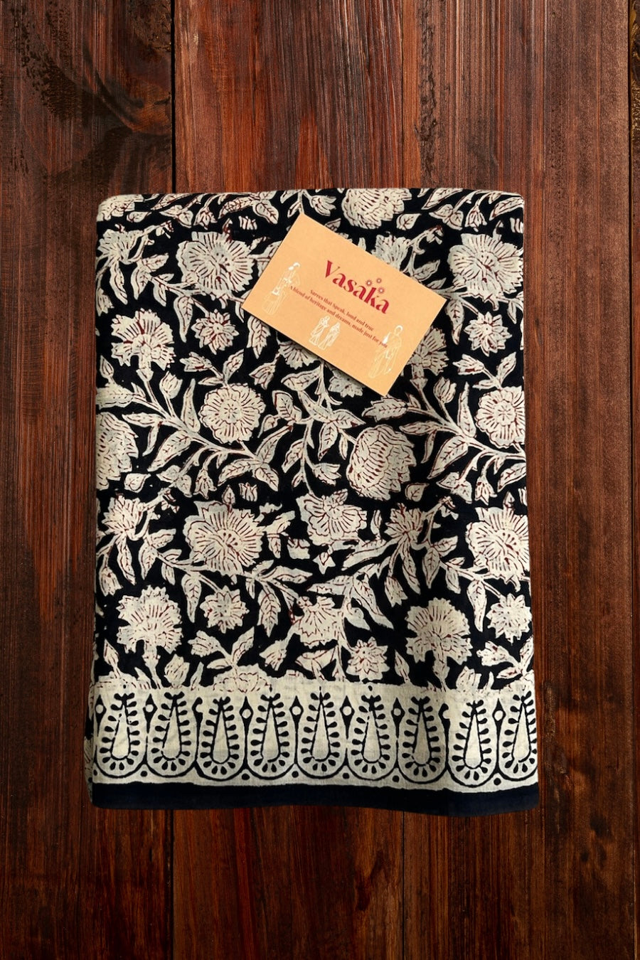 Black - Floral Net Hand Block Printed Cotton Saree