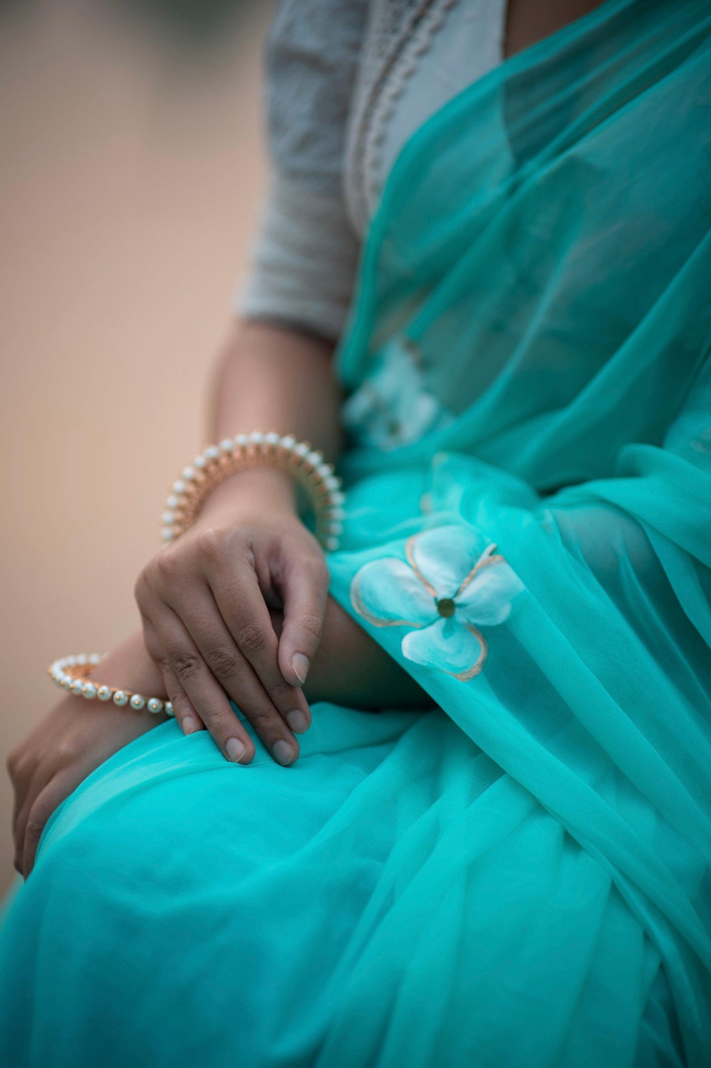 Teal Blue - Handpainted Chiffon Saree