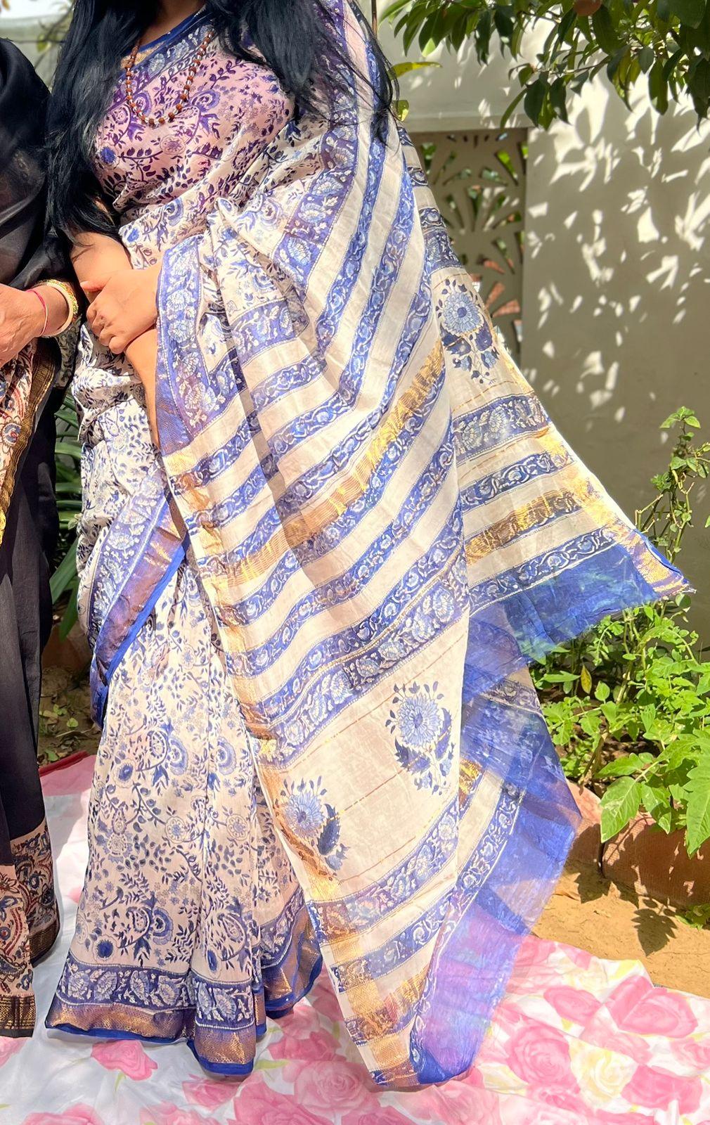 White Ink Blue-Handblock Maheshwari Silk Saree - Vasaka Jaipur