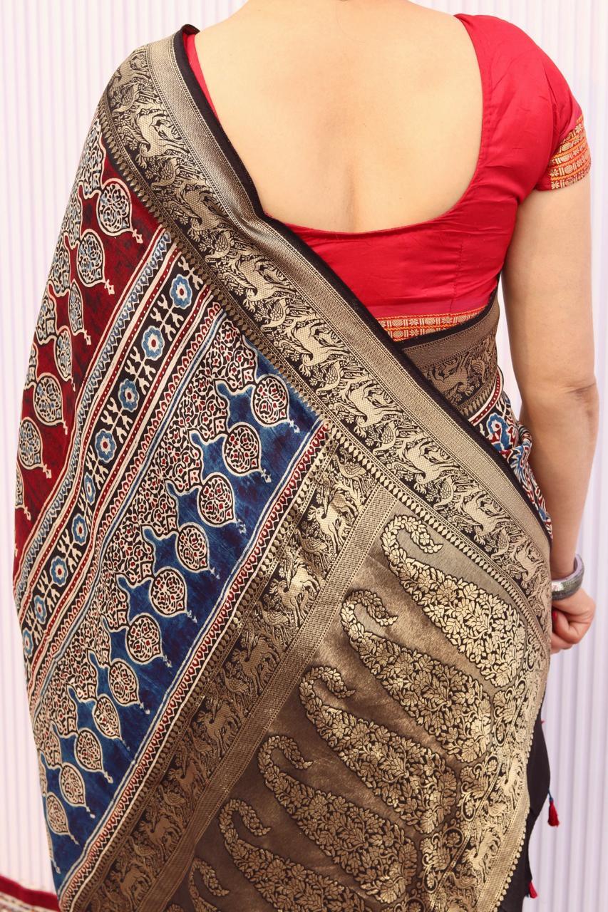 Black- Designer Ajrakh Handblock Premium Dola Silk Saree - Vasaka Jaipur