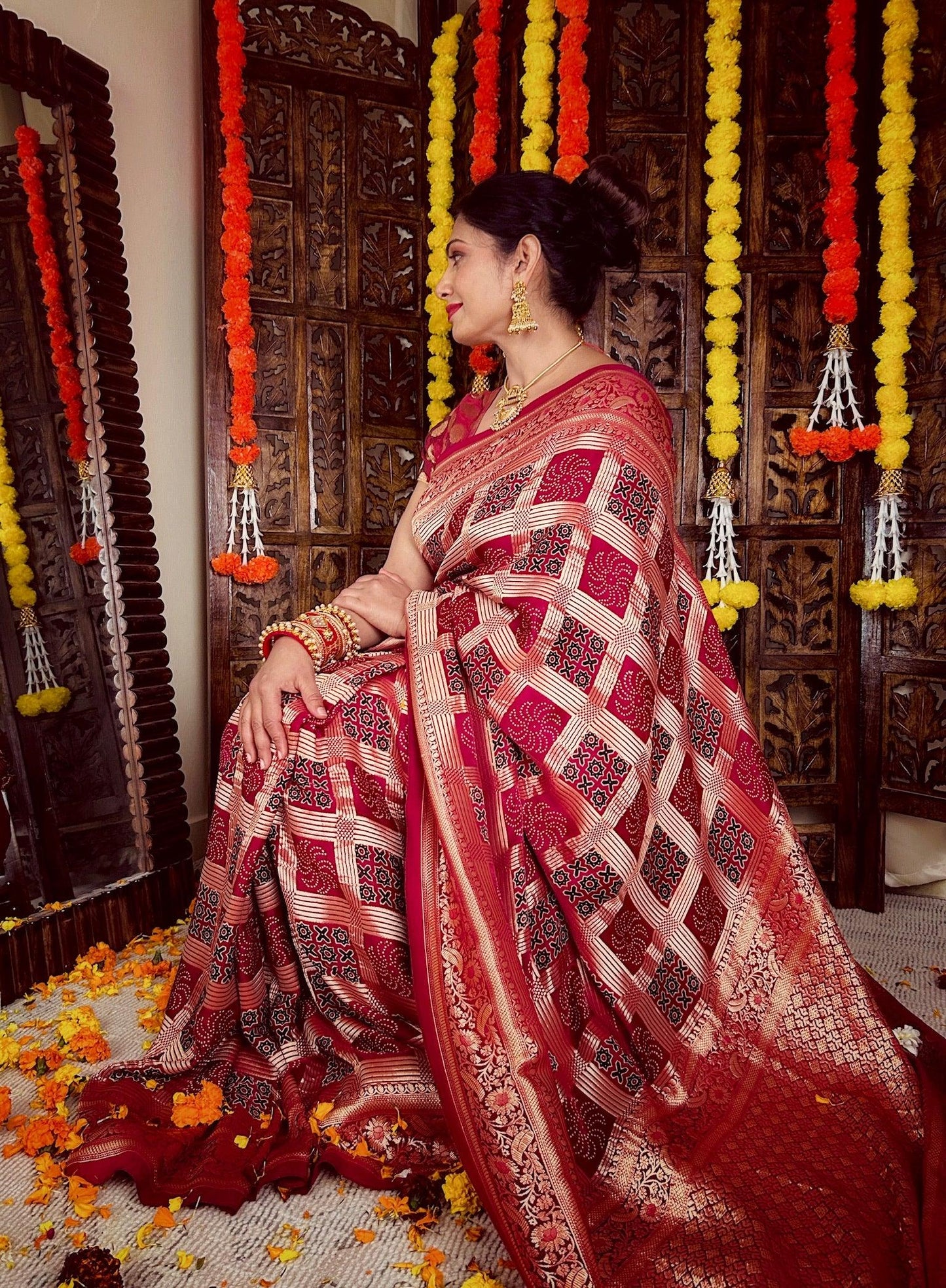 NIHARIKA - Ajrakh Gharchola Red Modal Silk Saree - Vasaka Jaipur